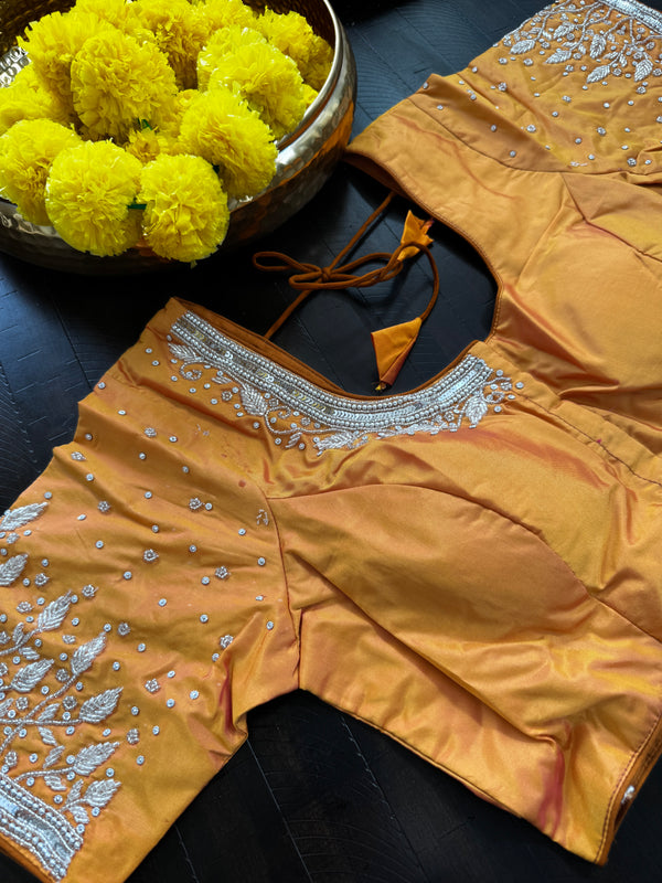 Maggam Work Readymade Padded Blouse front hooks with sleeves - Orange