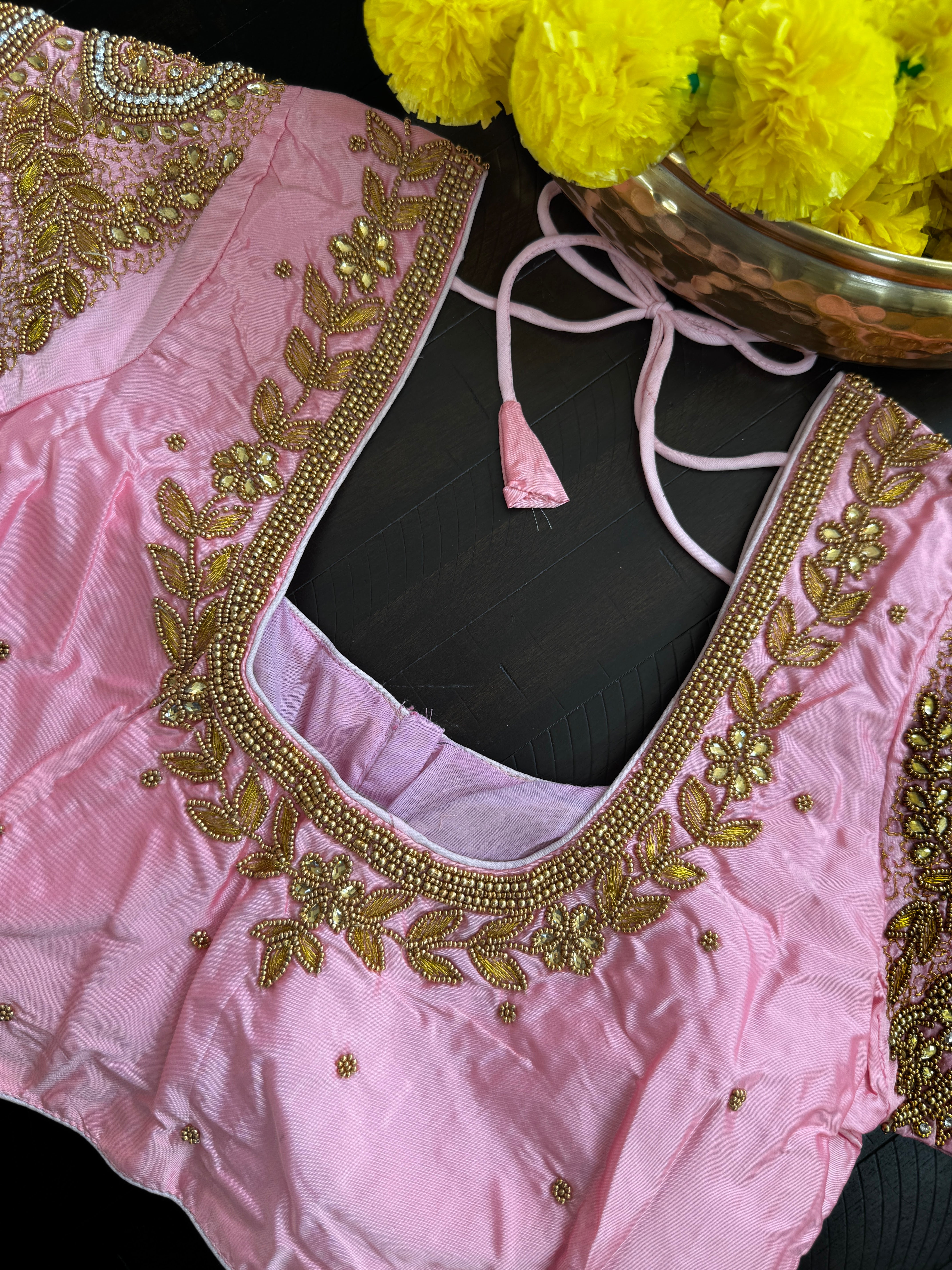 Maggam Work Readymade Padded Blouse front hooks with sleeves - Pastel pink