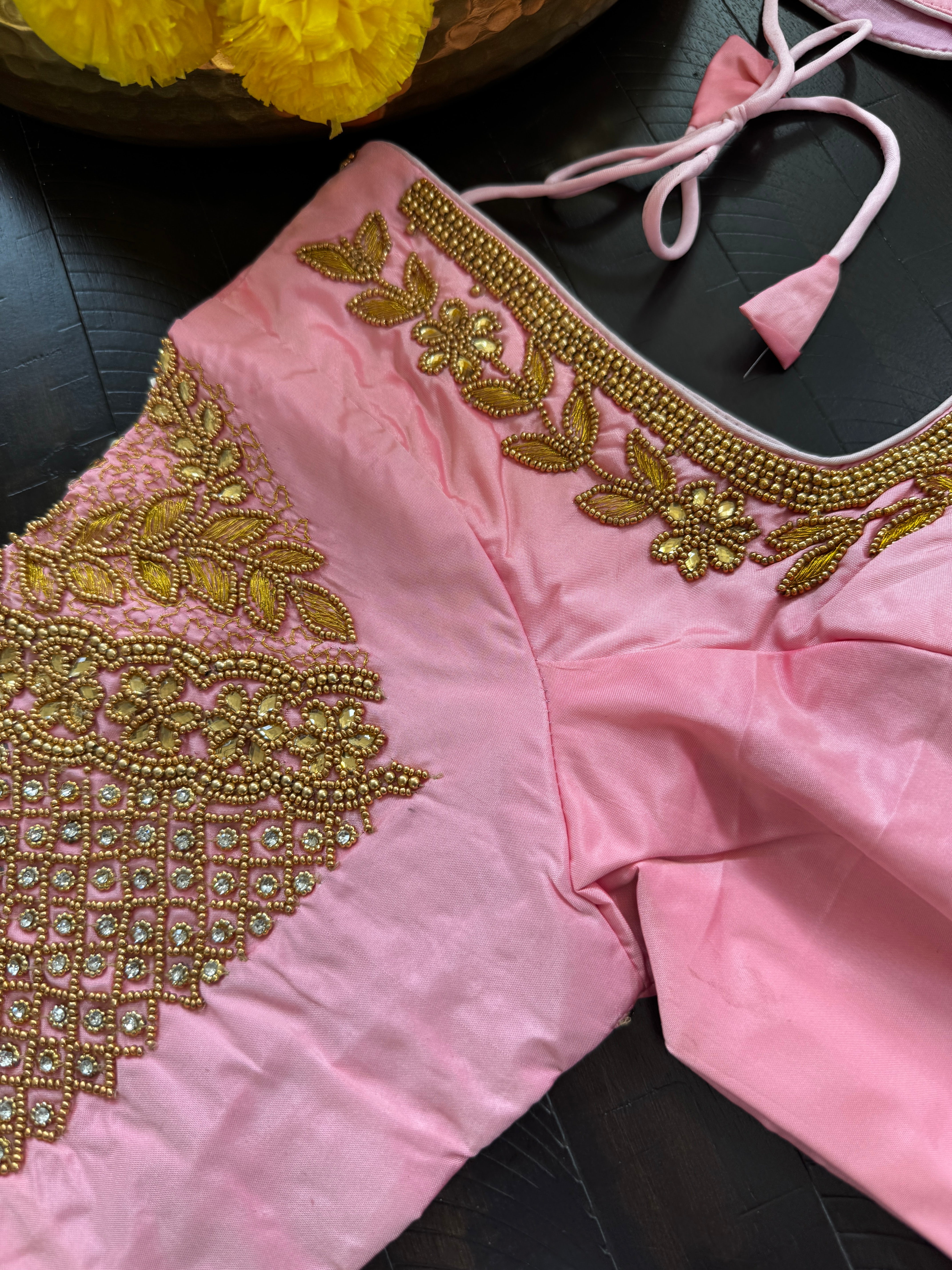 Maggam Work Readymade Padded Blouse front hooks with sleeves - Pastel pink