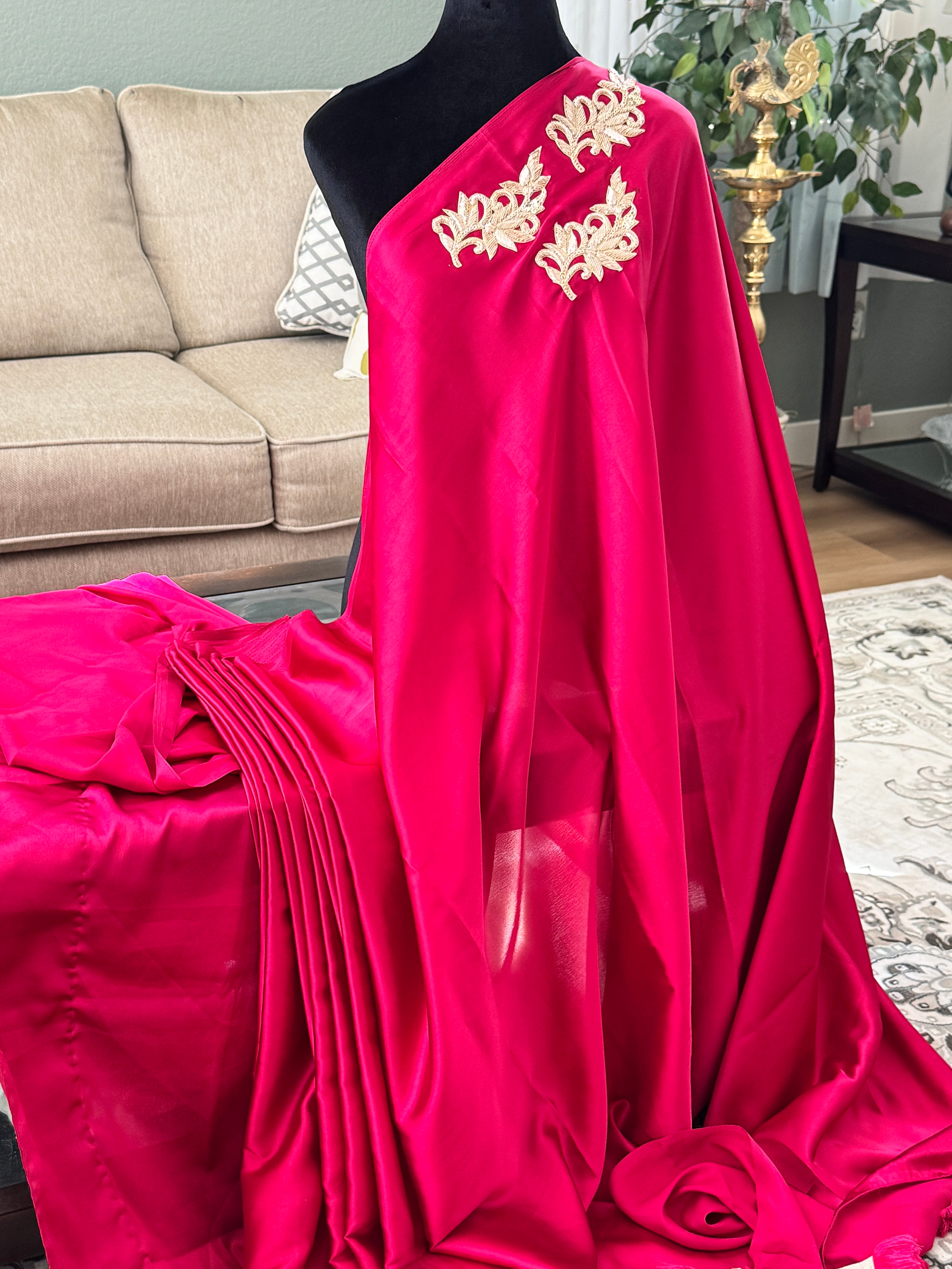 Wine satin saree with patch and lace