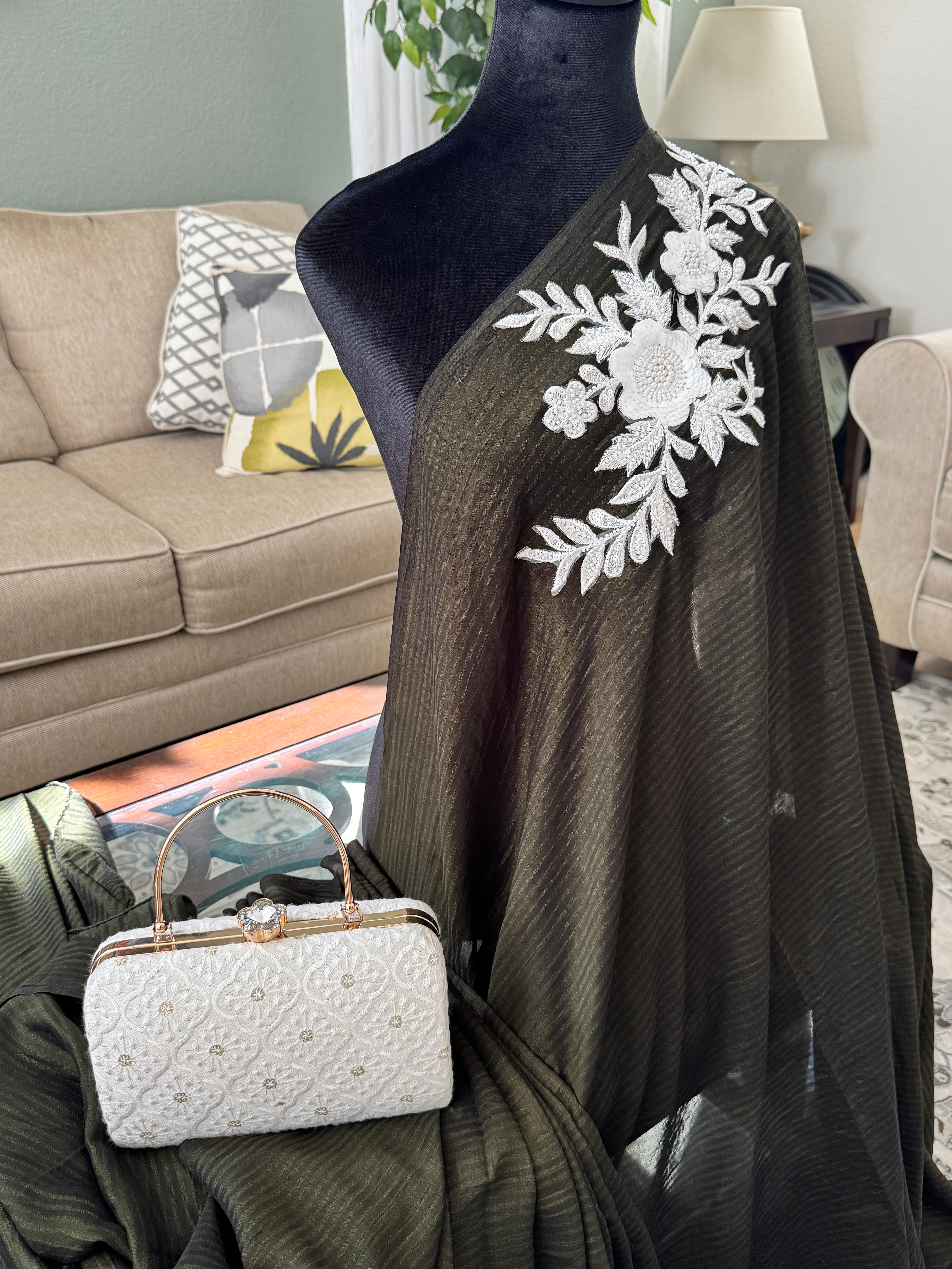 Black saree with white patch