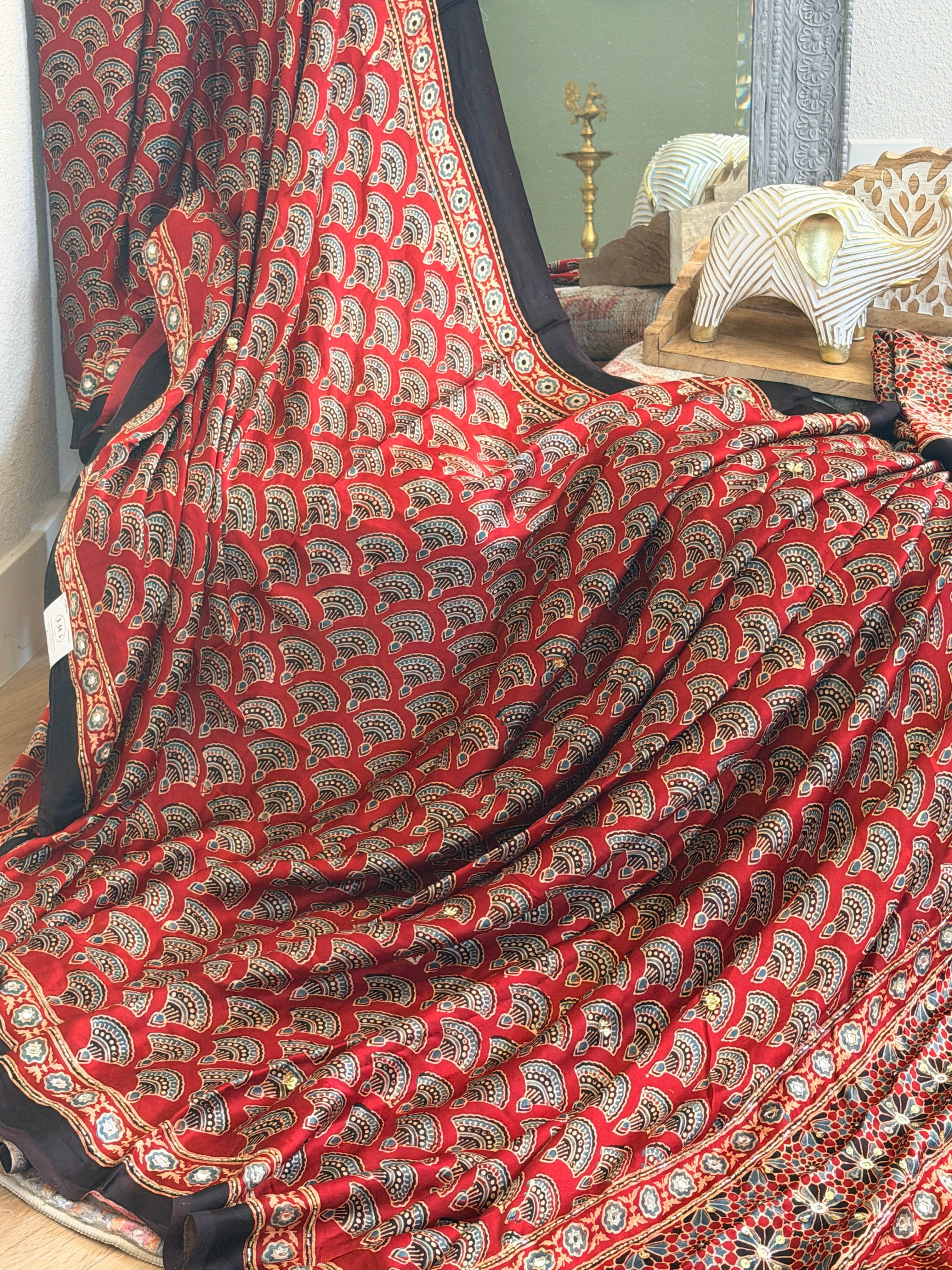 Modal Ajrak mirror and sequin work saree