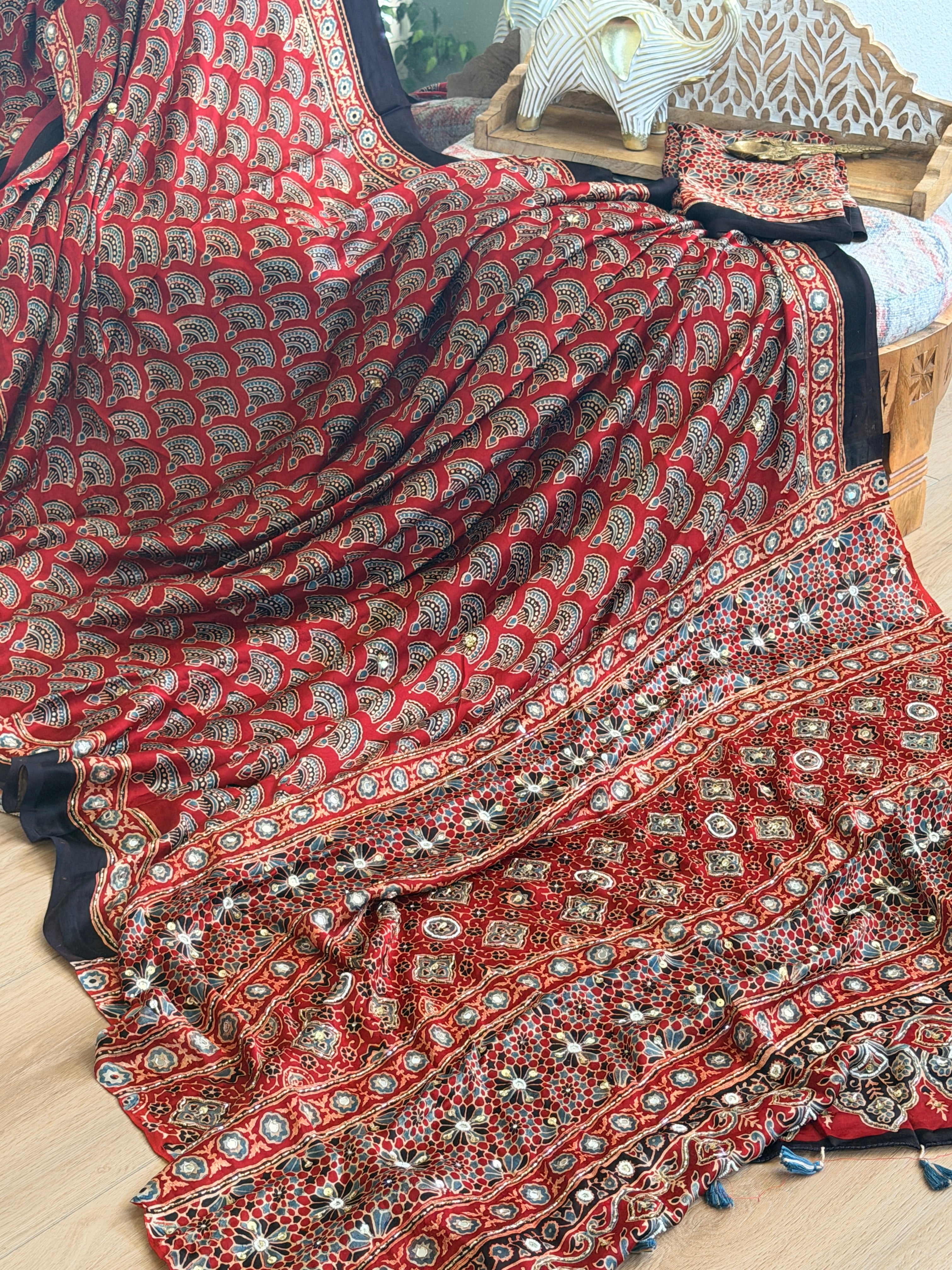 Modal Ajrak mirror and sequin work saree