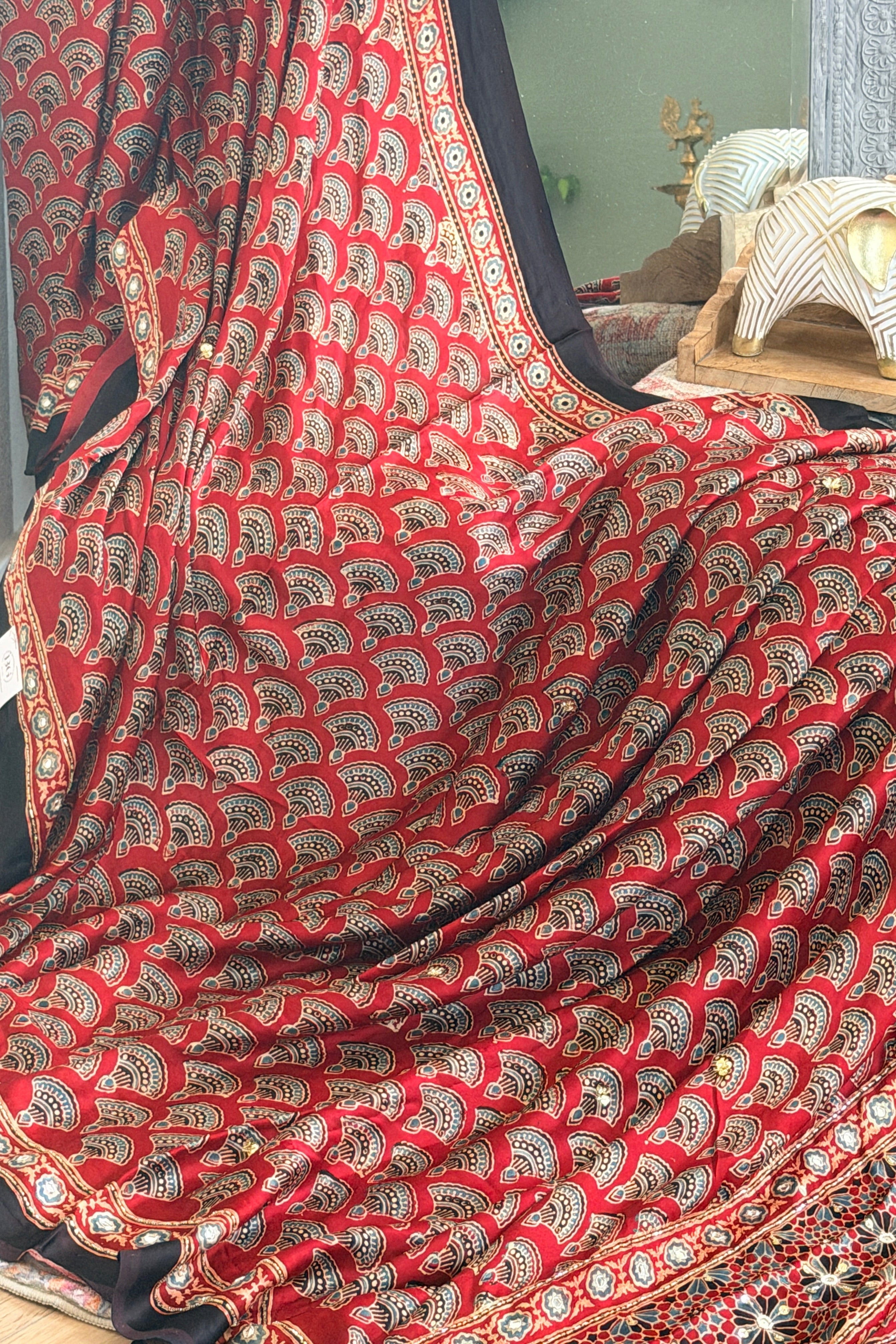 Modal Ajrak mirror and sequin work saree