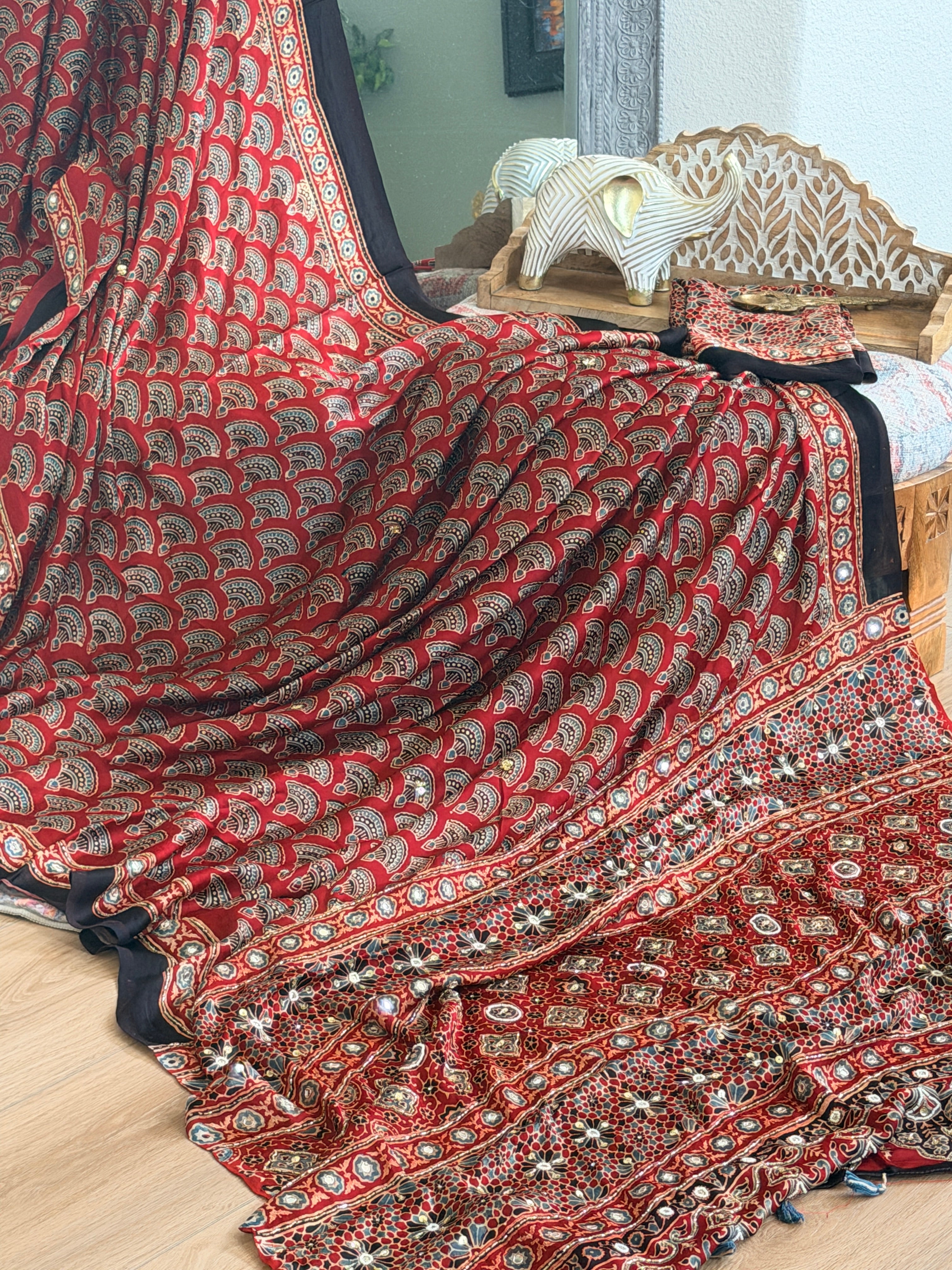 Modal Ajrak mirror and sequin work saree