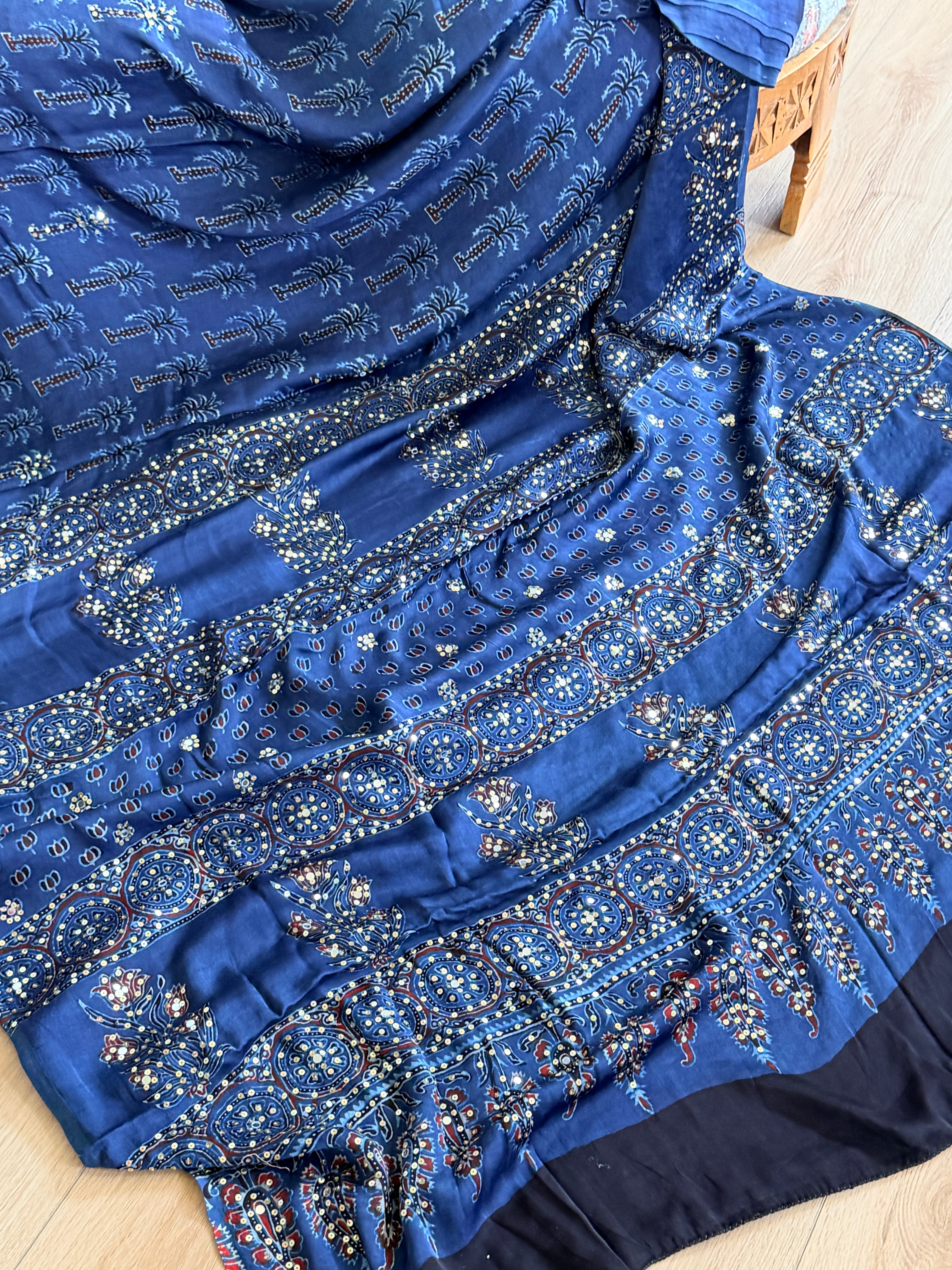 Modal Ajrak mirror and sequin work saree