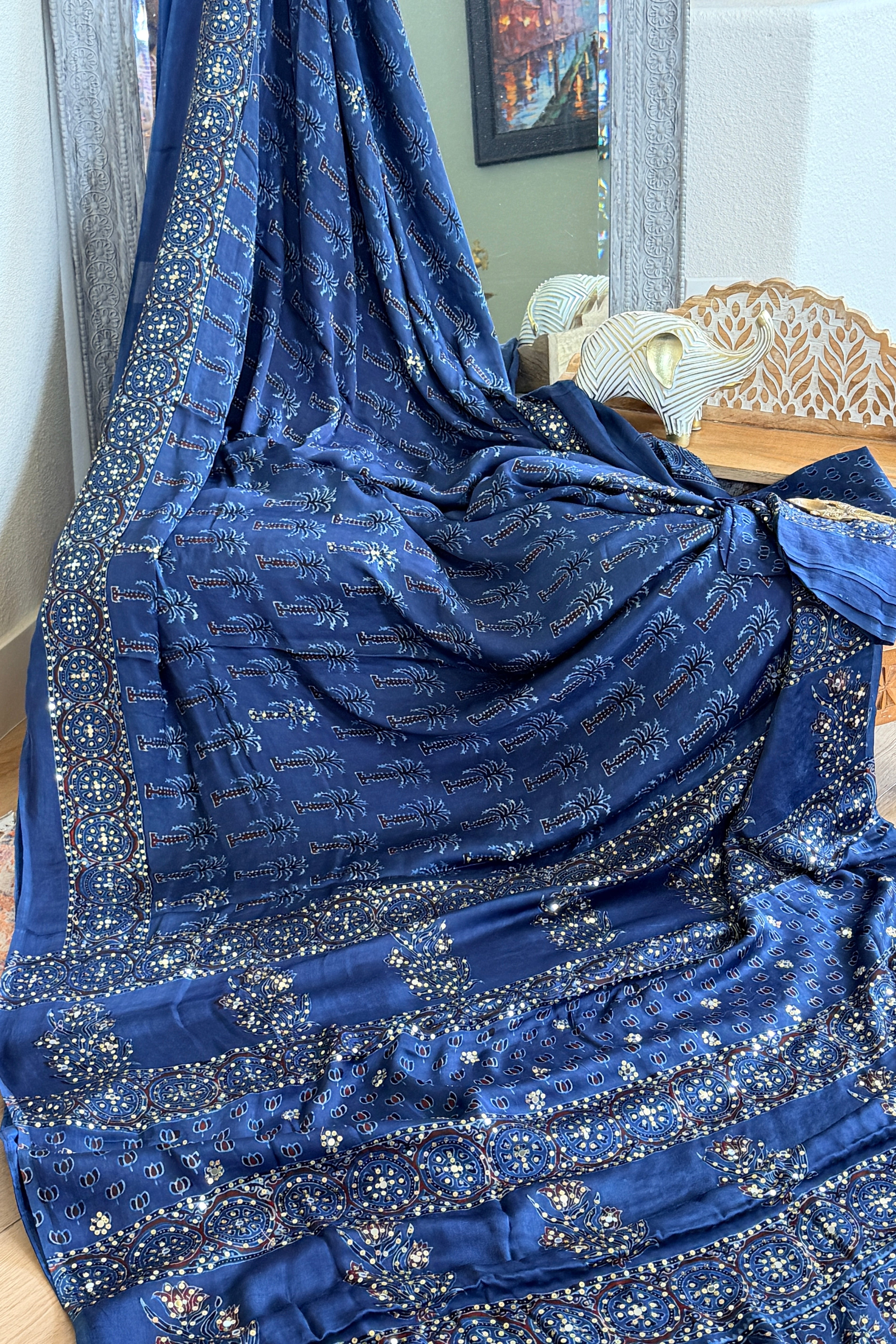 Modal Ajrak mirror and sequin work saree