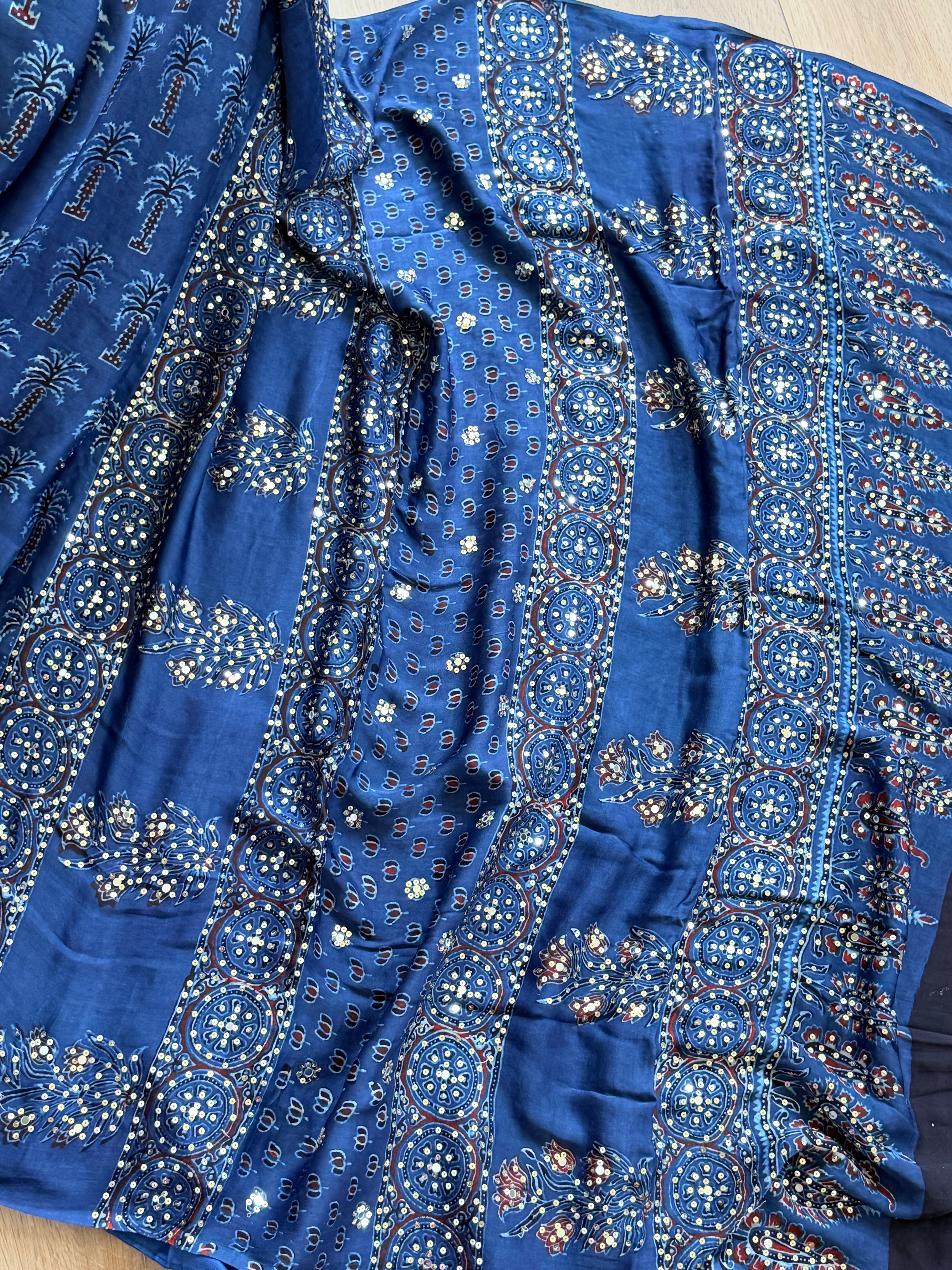 Modal Ajrak mirror and sequin work saree