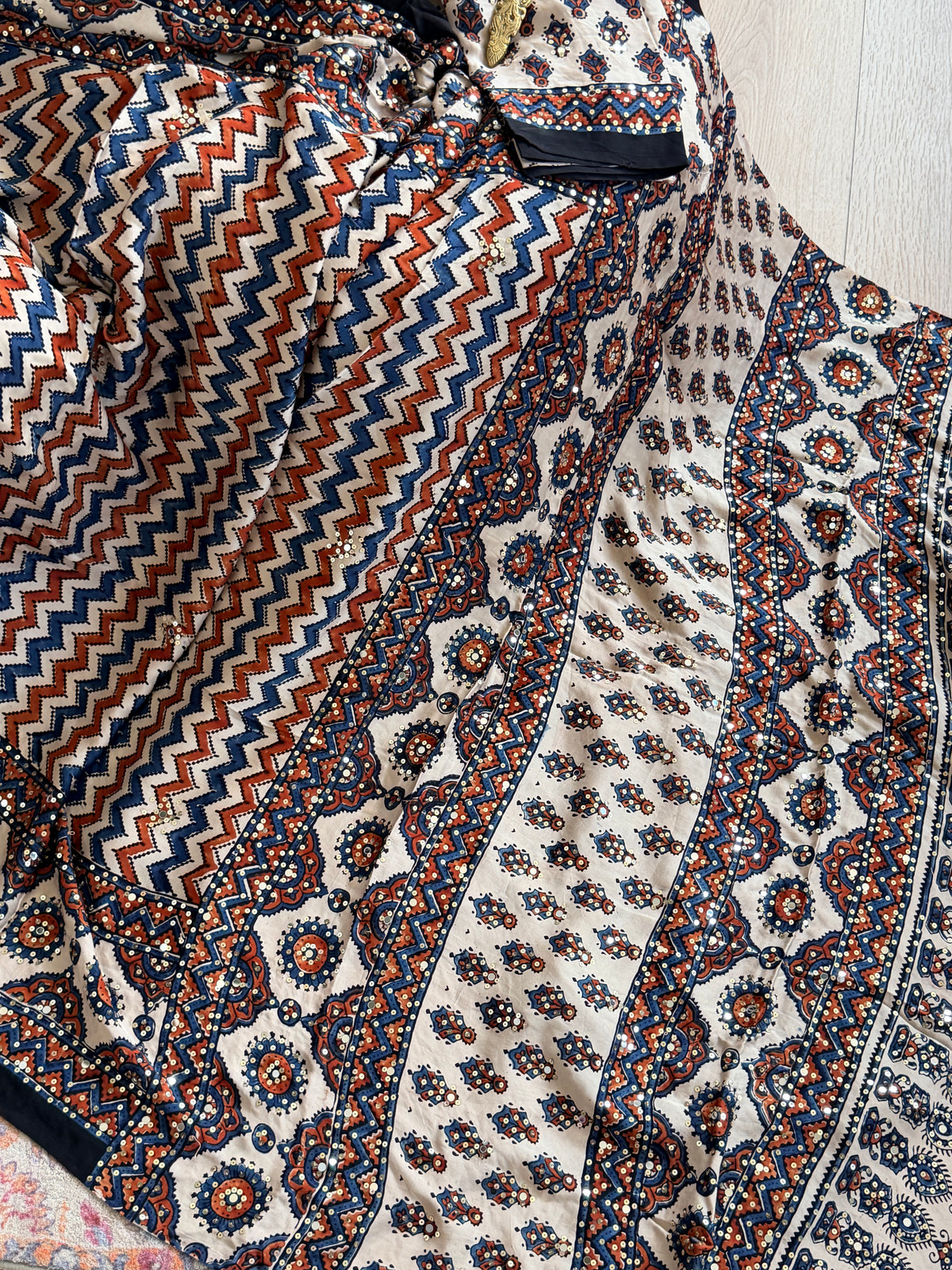 Modal Ajrak mirror and sequin work saree