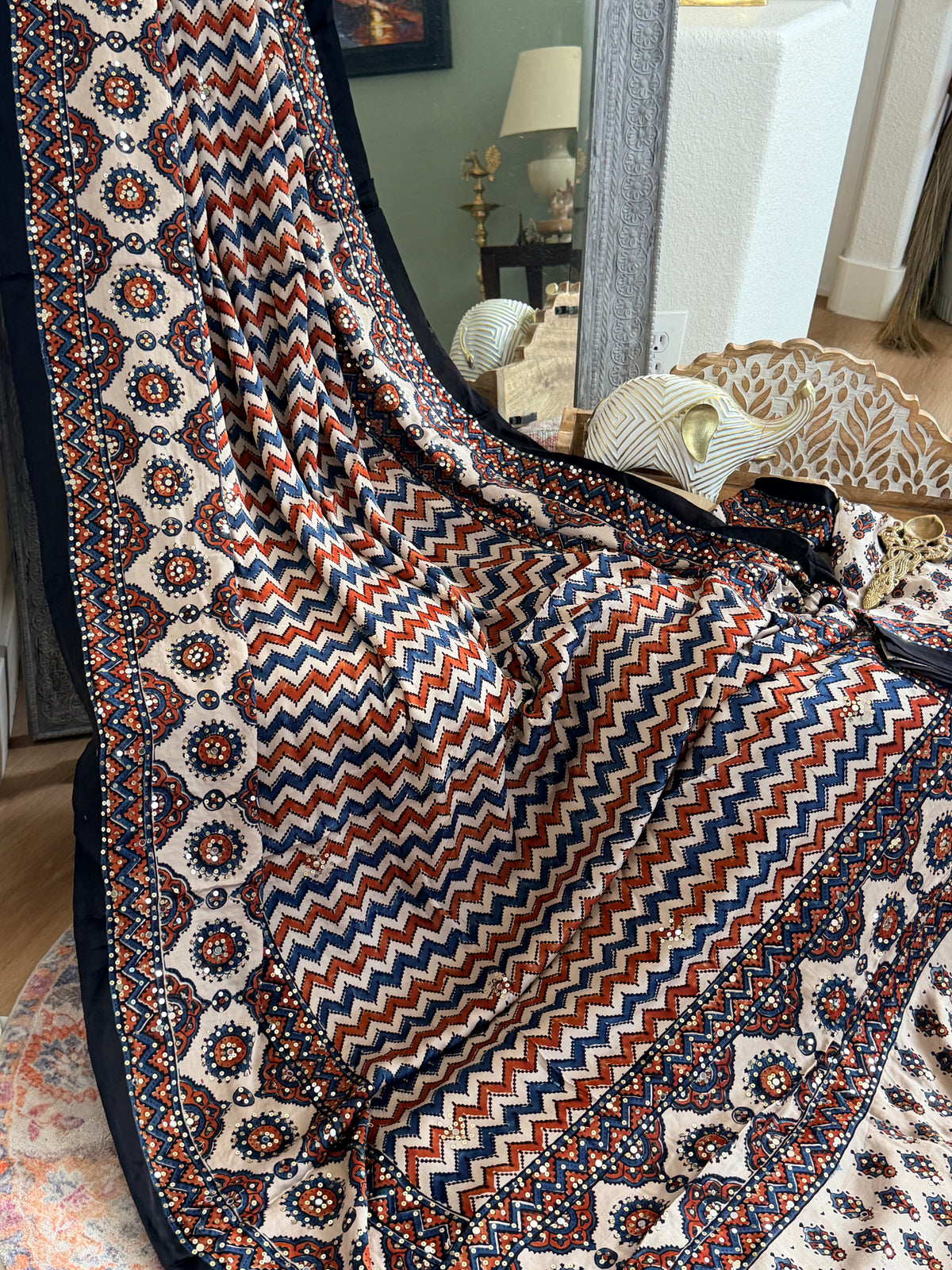 Modal Ajrak mirror and sequin work saree