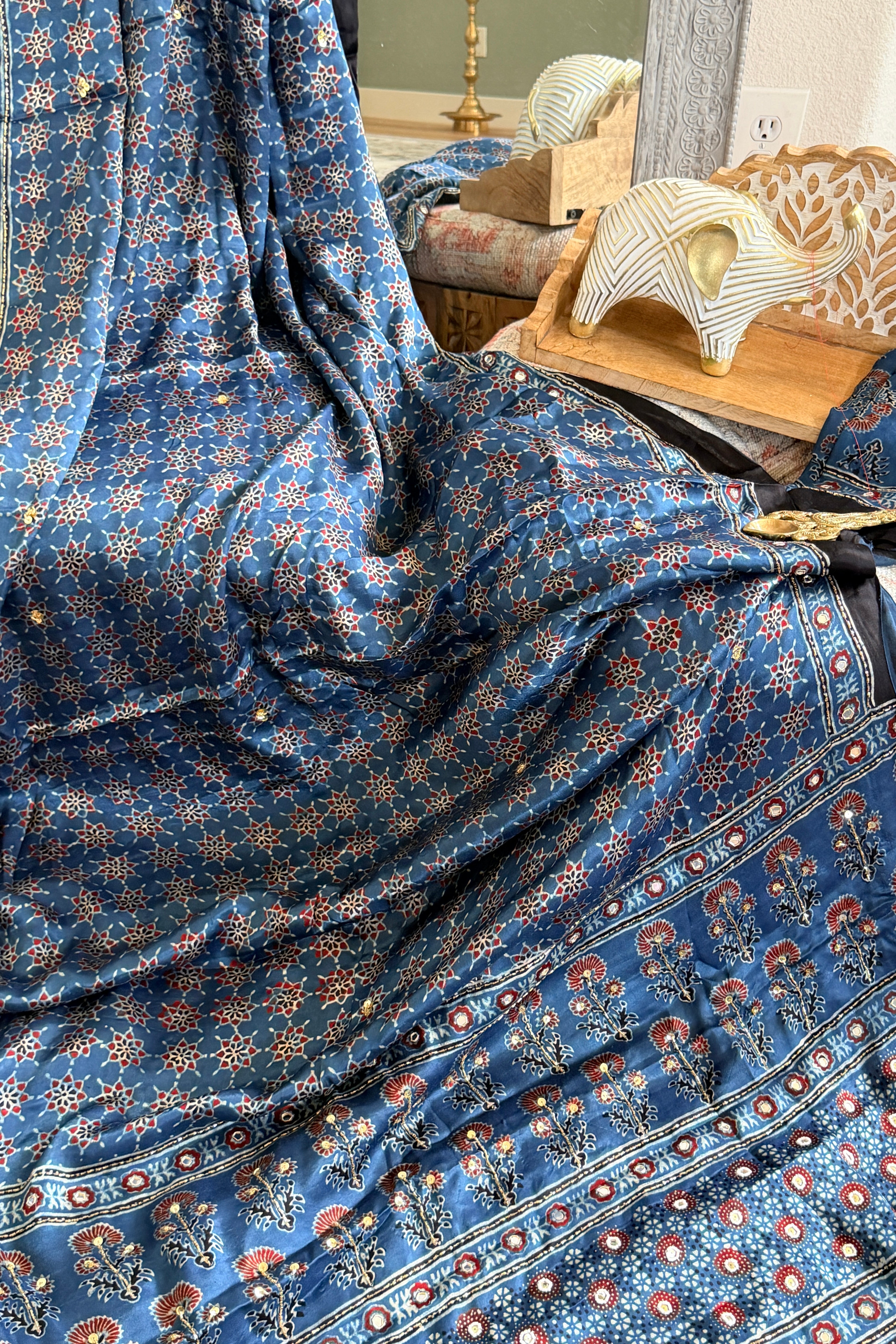 Modal Ajrak mirror and sequin work saree