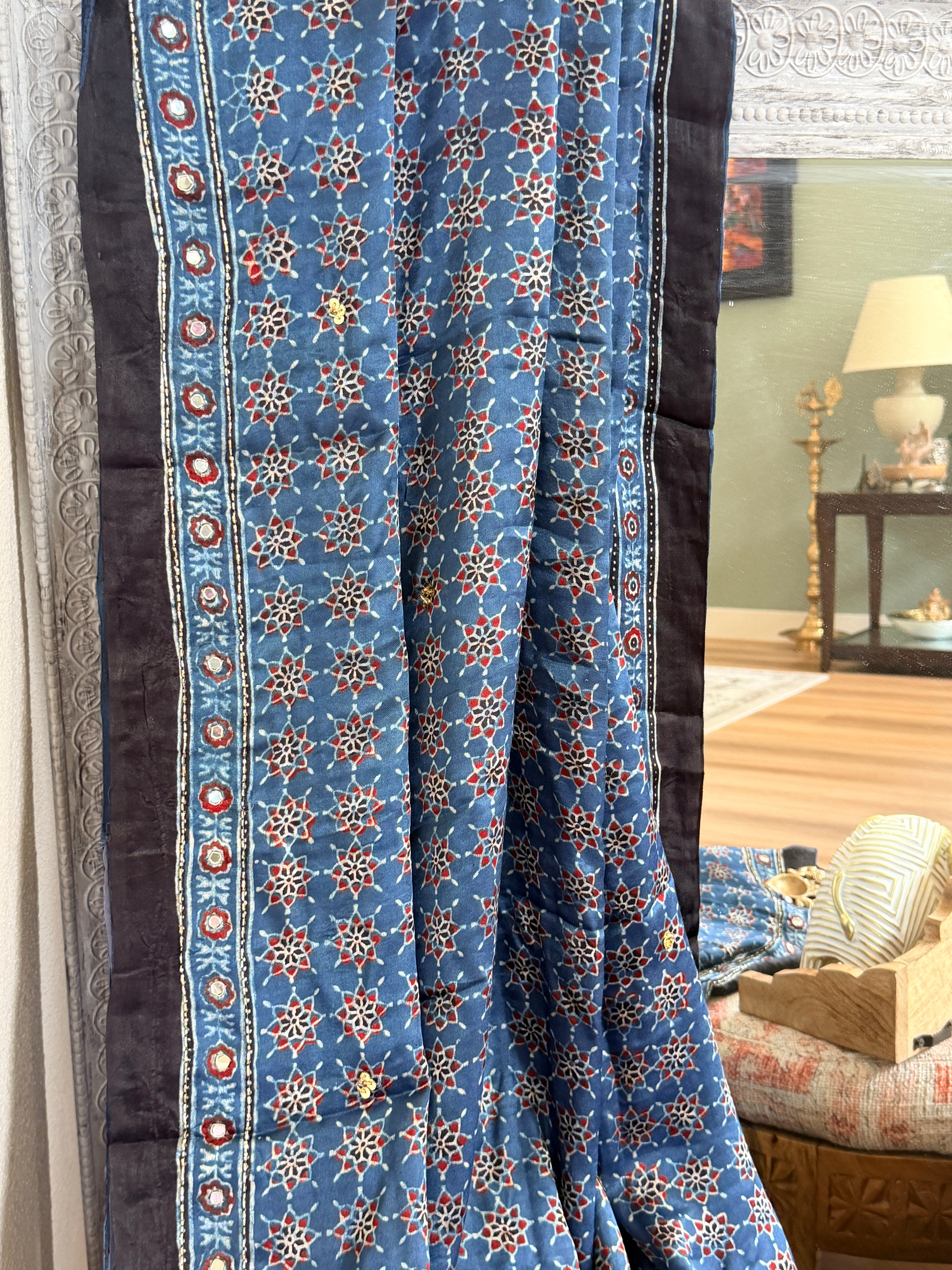 Modal Ajrak mirror and sequin work saree