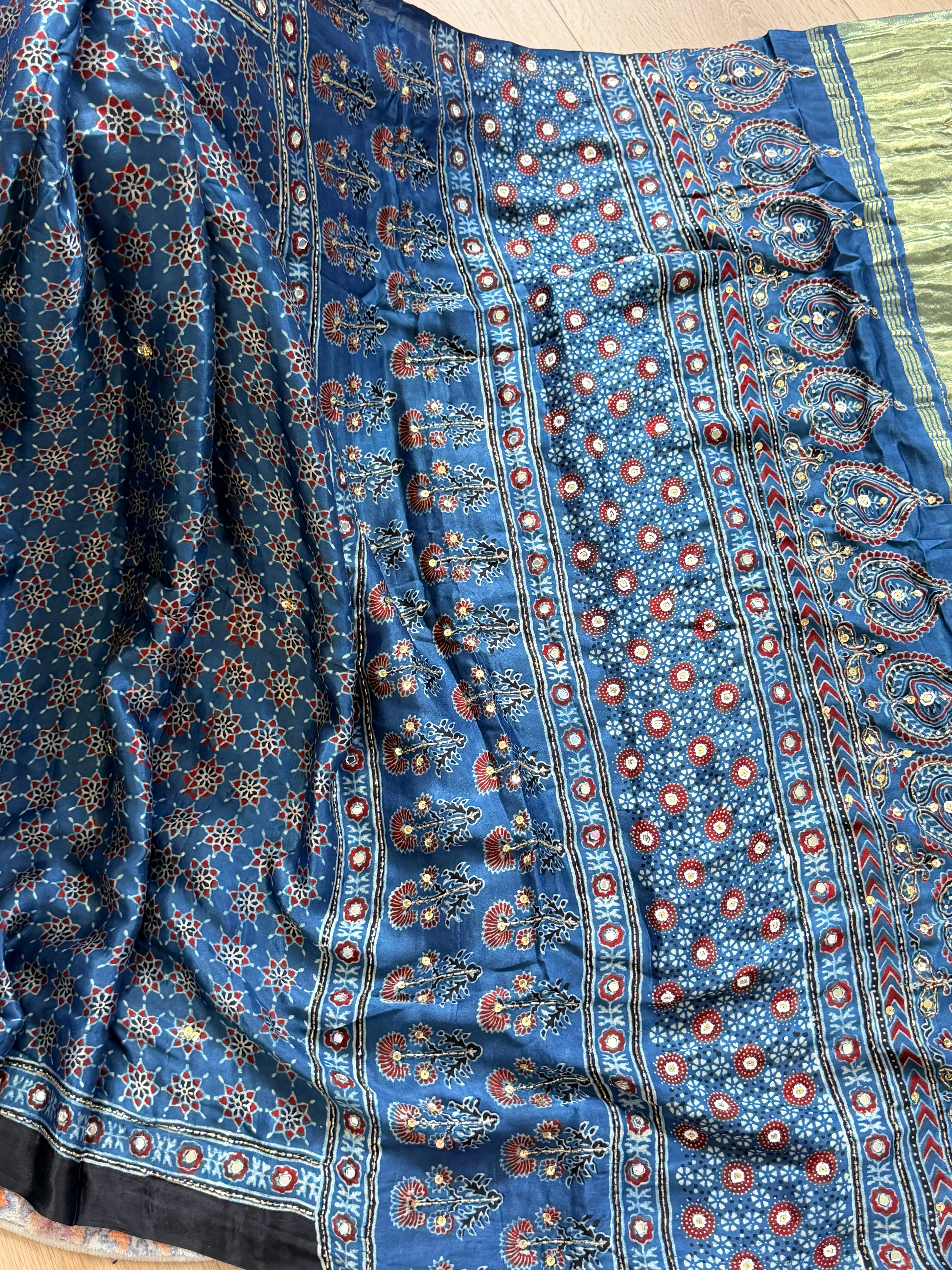 Modal Ajrak mirror and sequin work saree