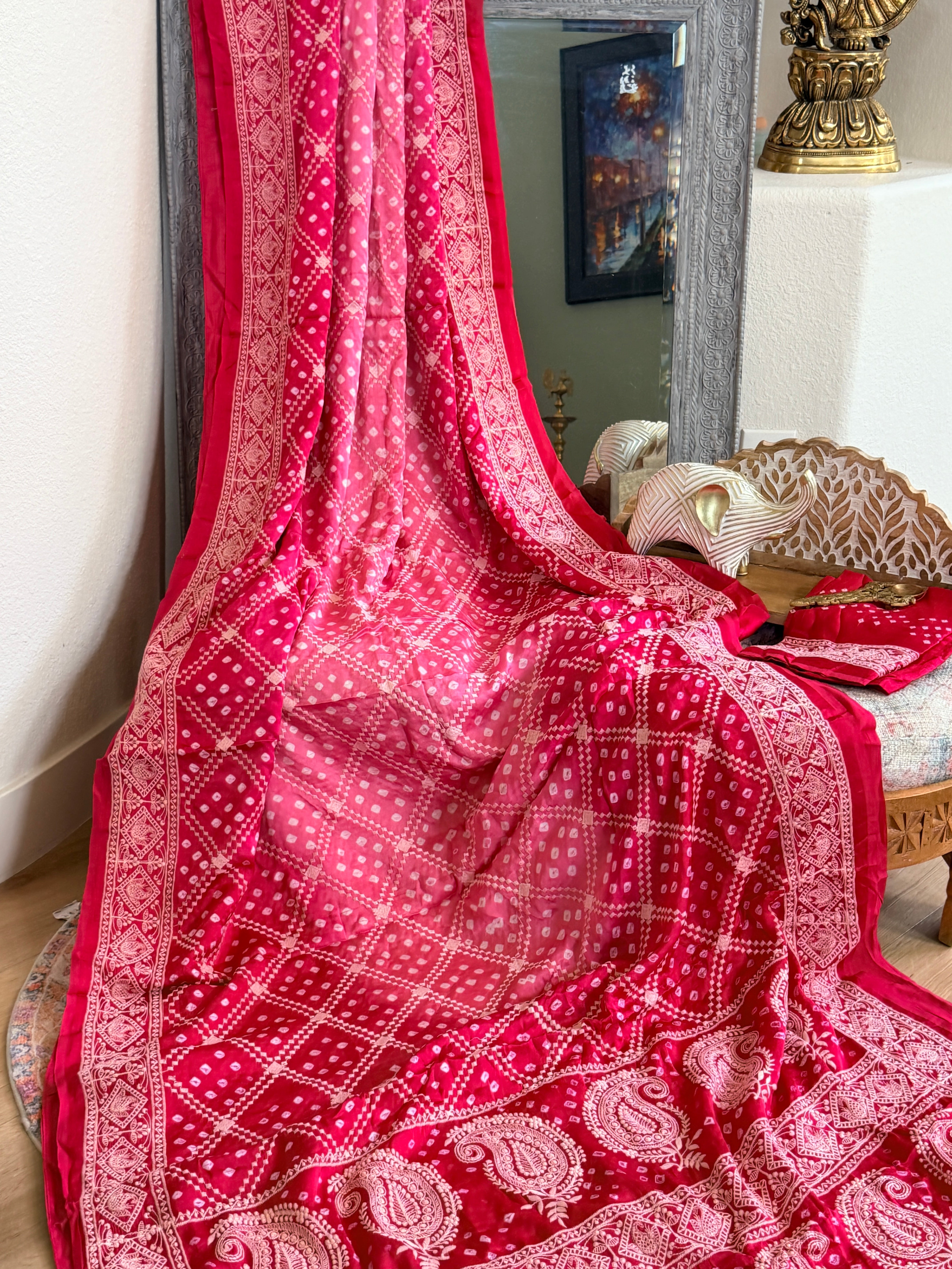 Bandhani Saree with Chikankari Work