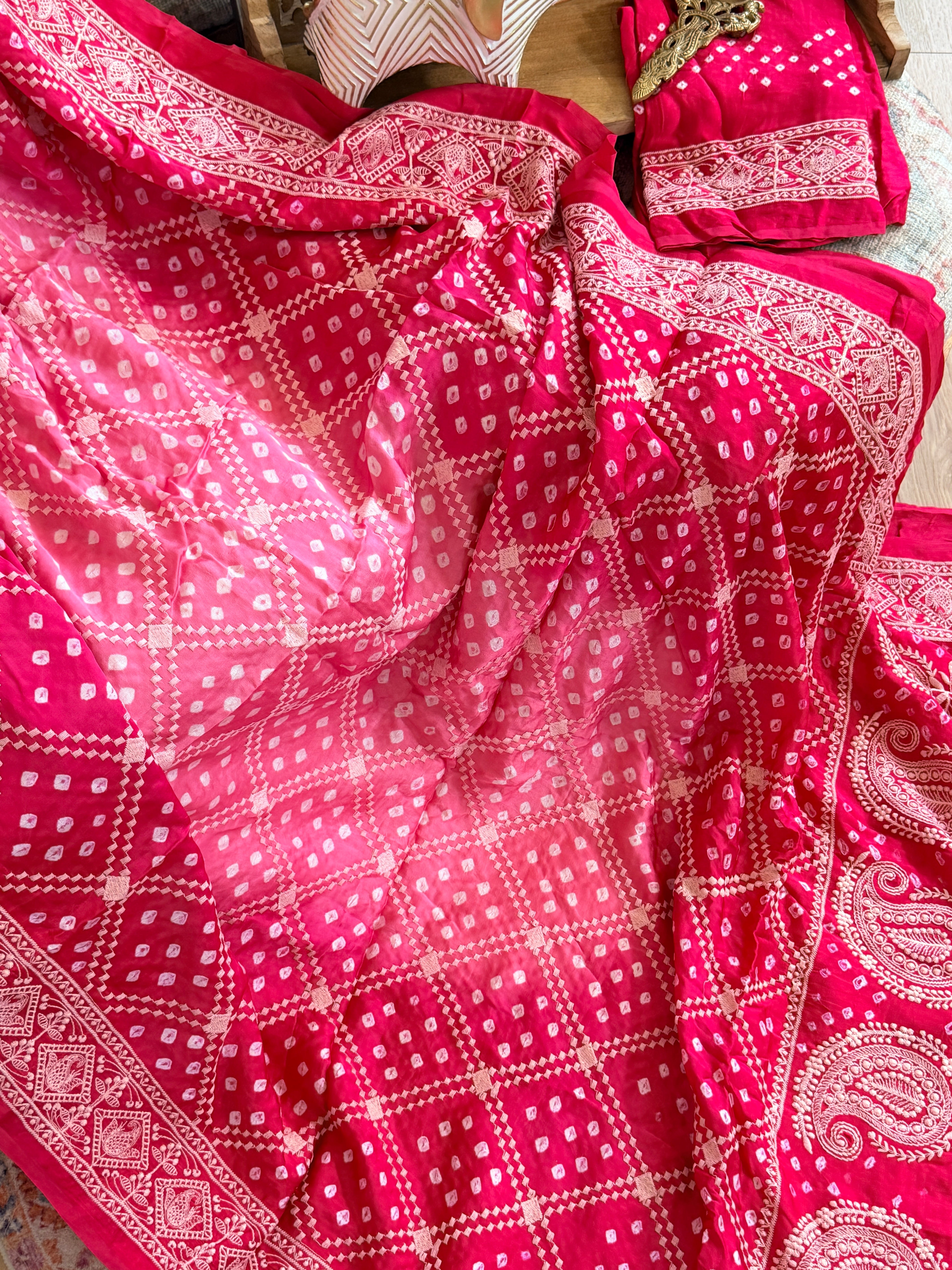 Bandhani Saree with Chikankari Work