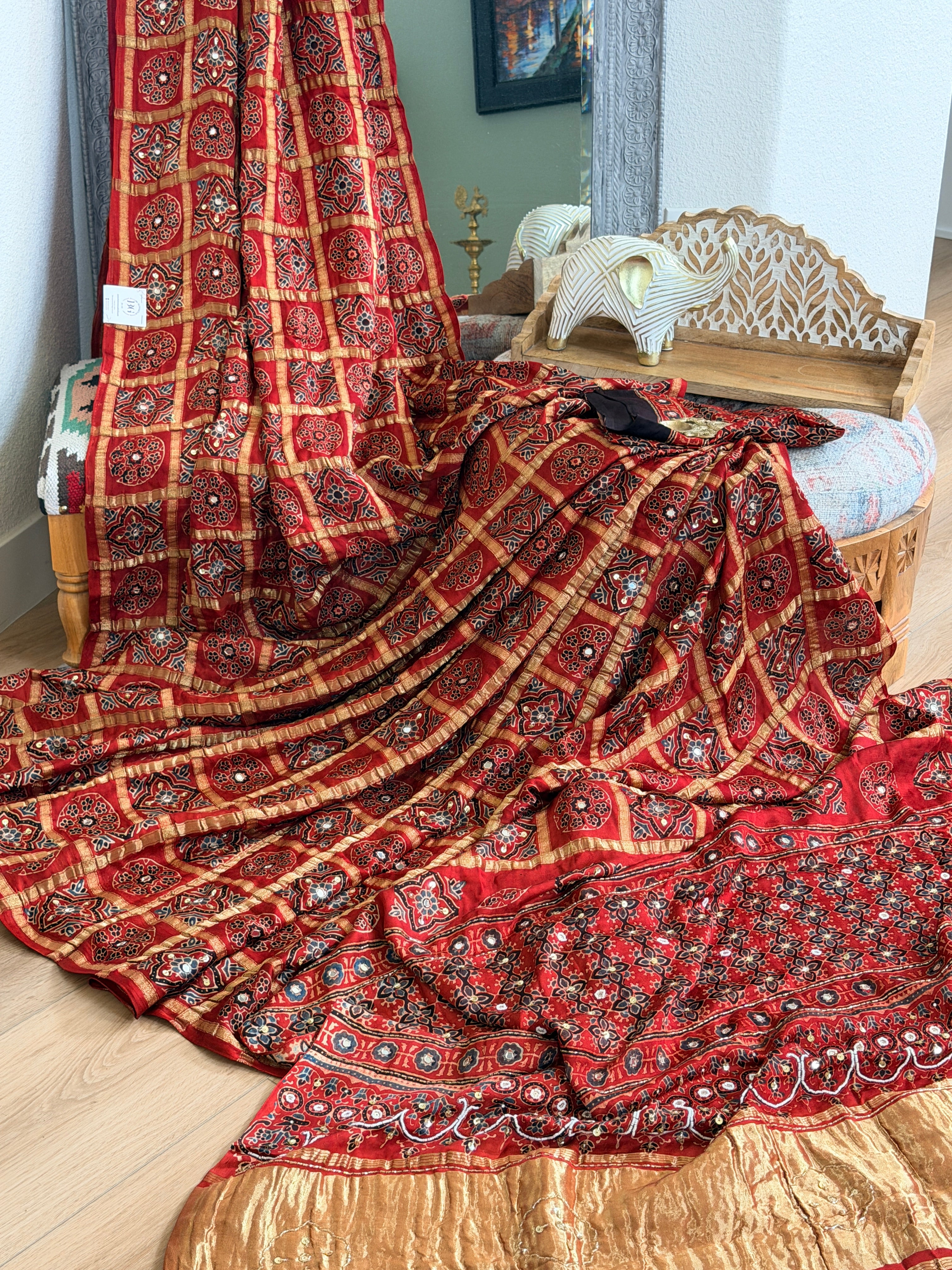 Modal Gharchola with Ajrakh Sequin and tilla work Saree
