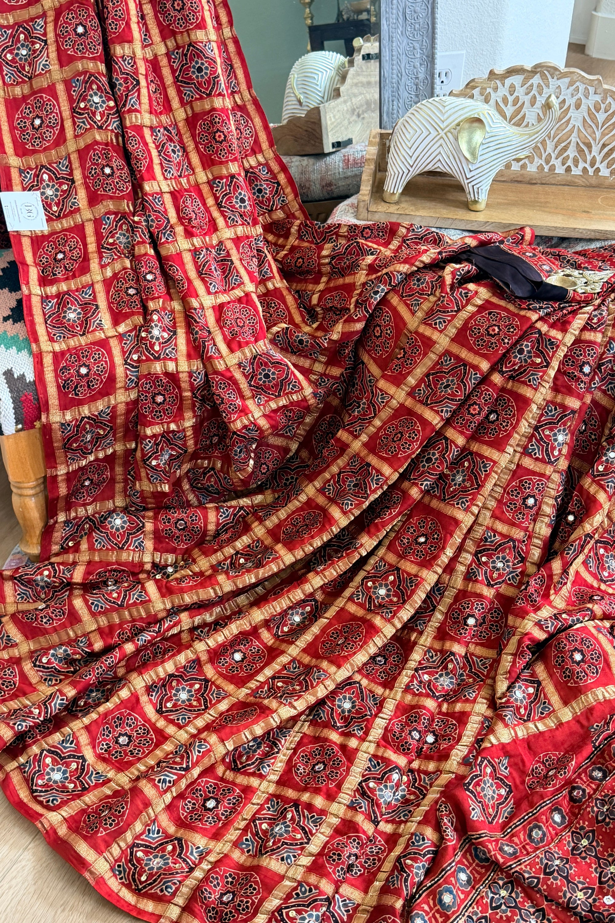 Modal Gharchola with Ajrakh Sequin and tilla work Saree