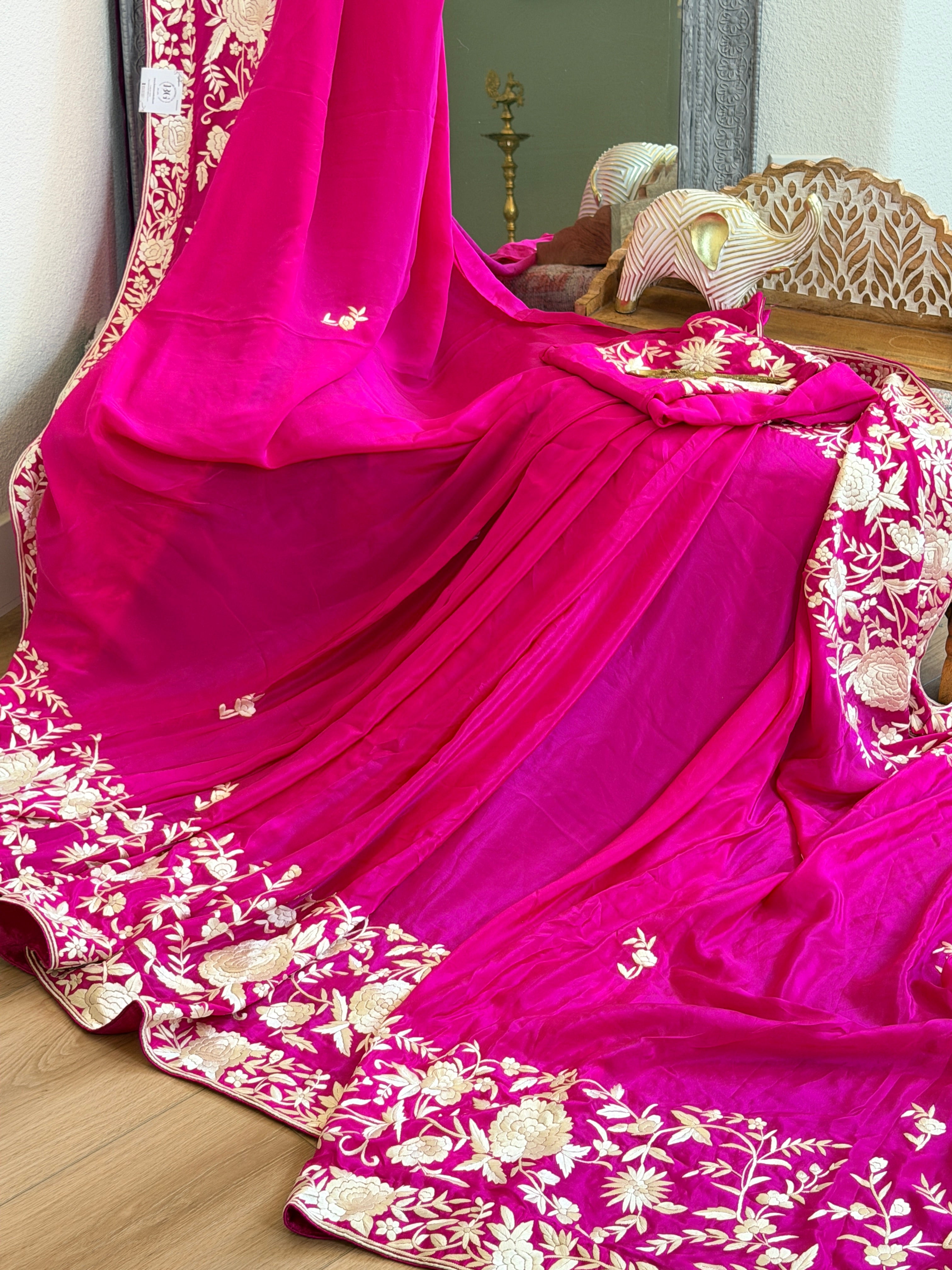 Parsi Gara hand embroidered crepe silk saree
