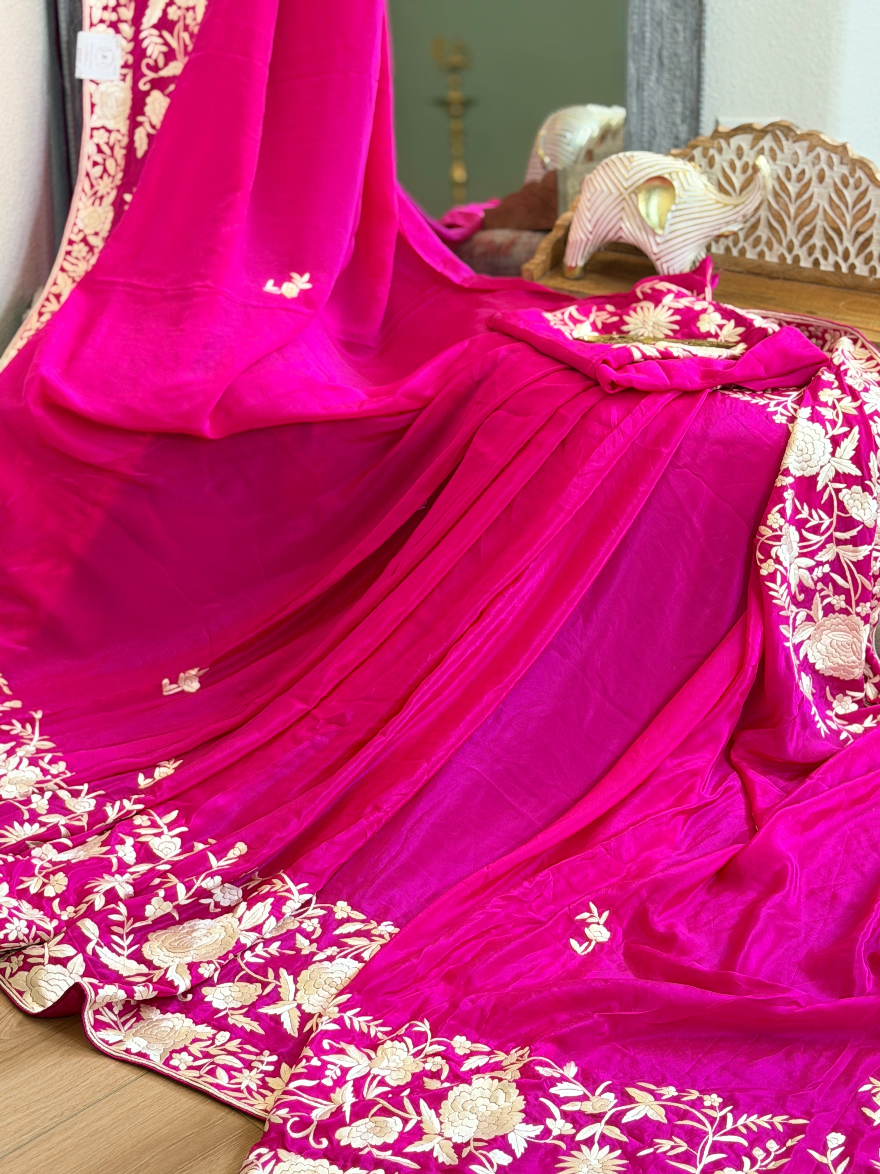 Parsi Gara hand embroidered crepe silk saree
