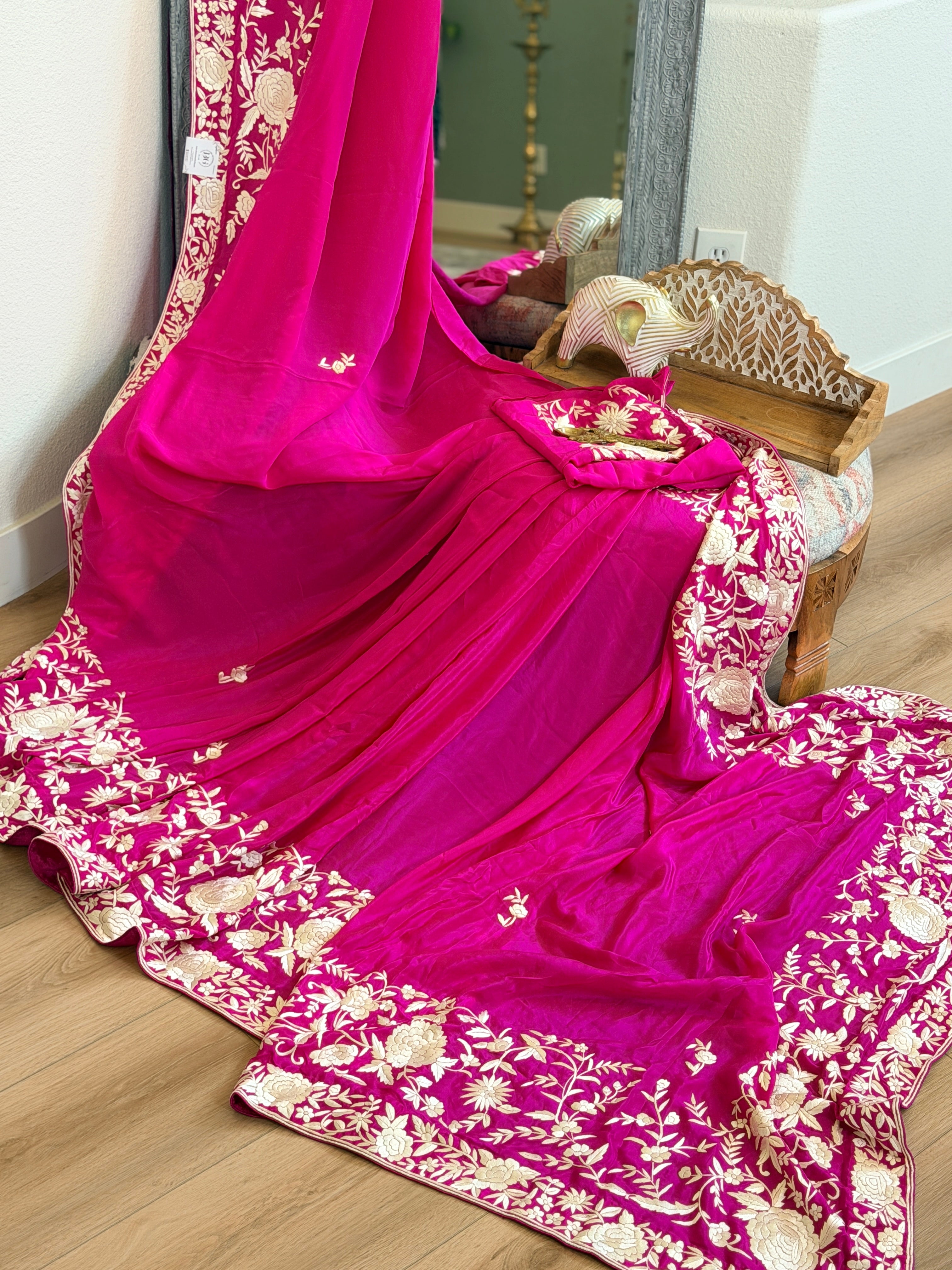 Parsi Gara hand embroidered crepe silk saree
