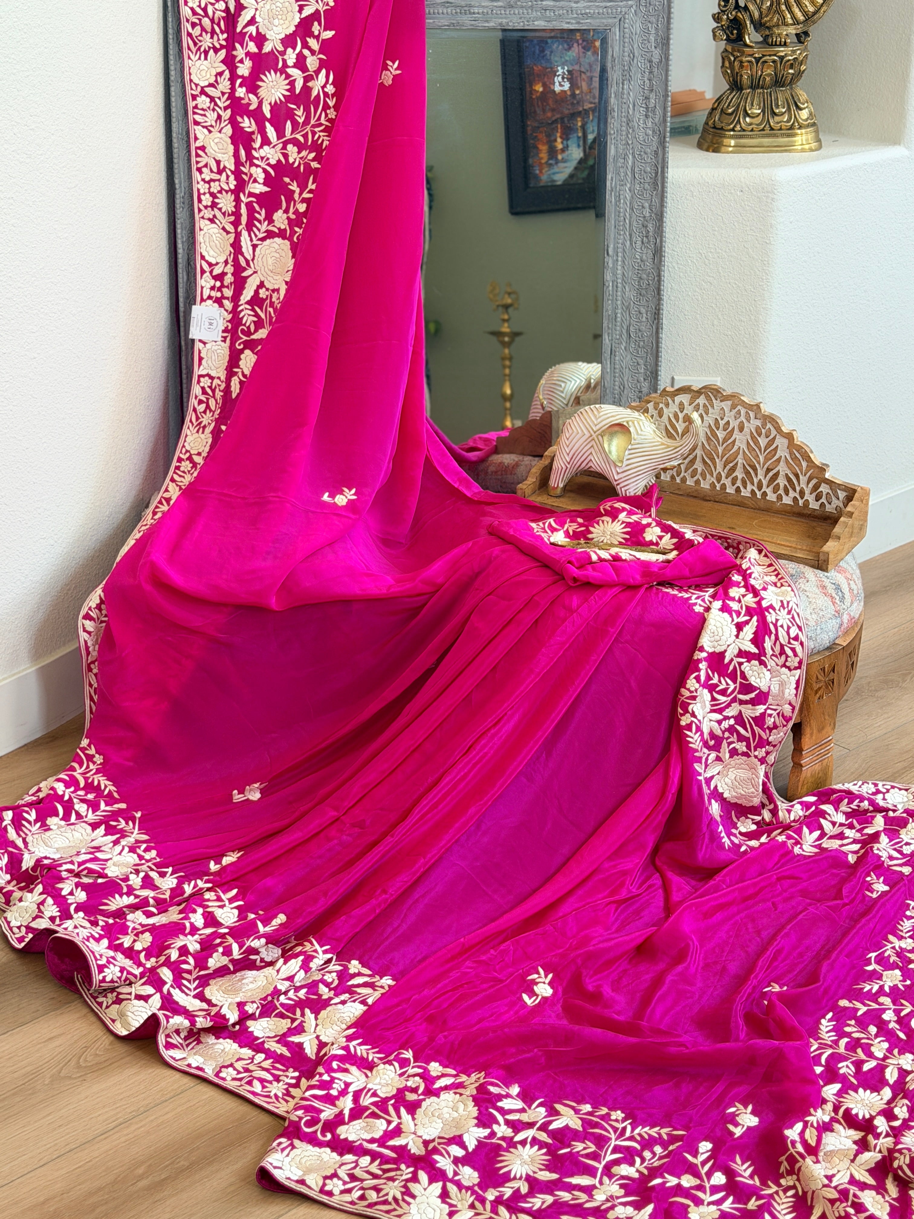 Parsi Gara hand embroidered crepe silk saree