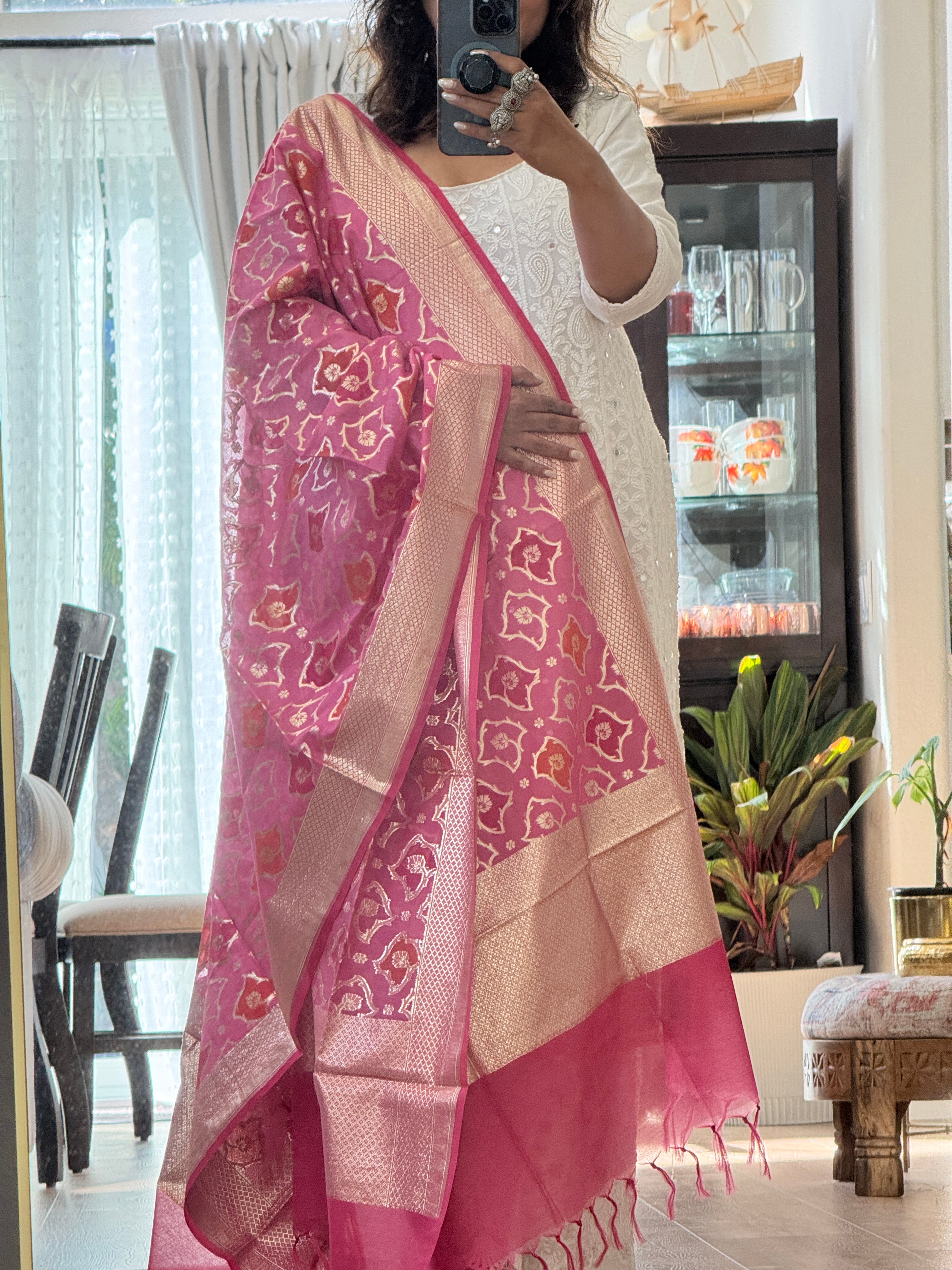 Pure Chanderi Rangkat dupatta - dark pink
