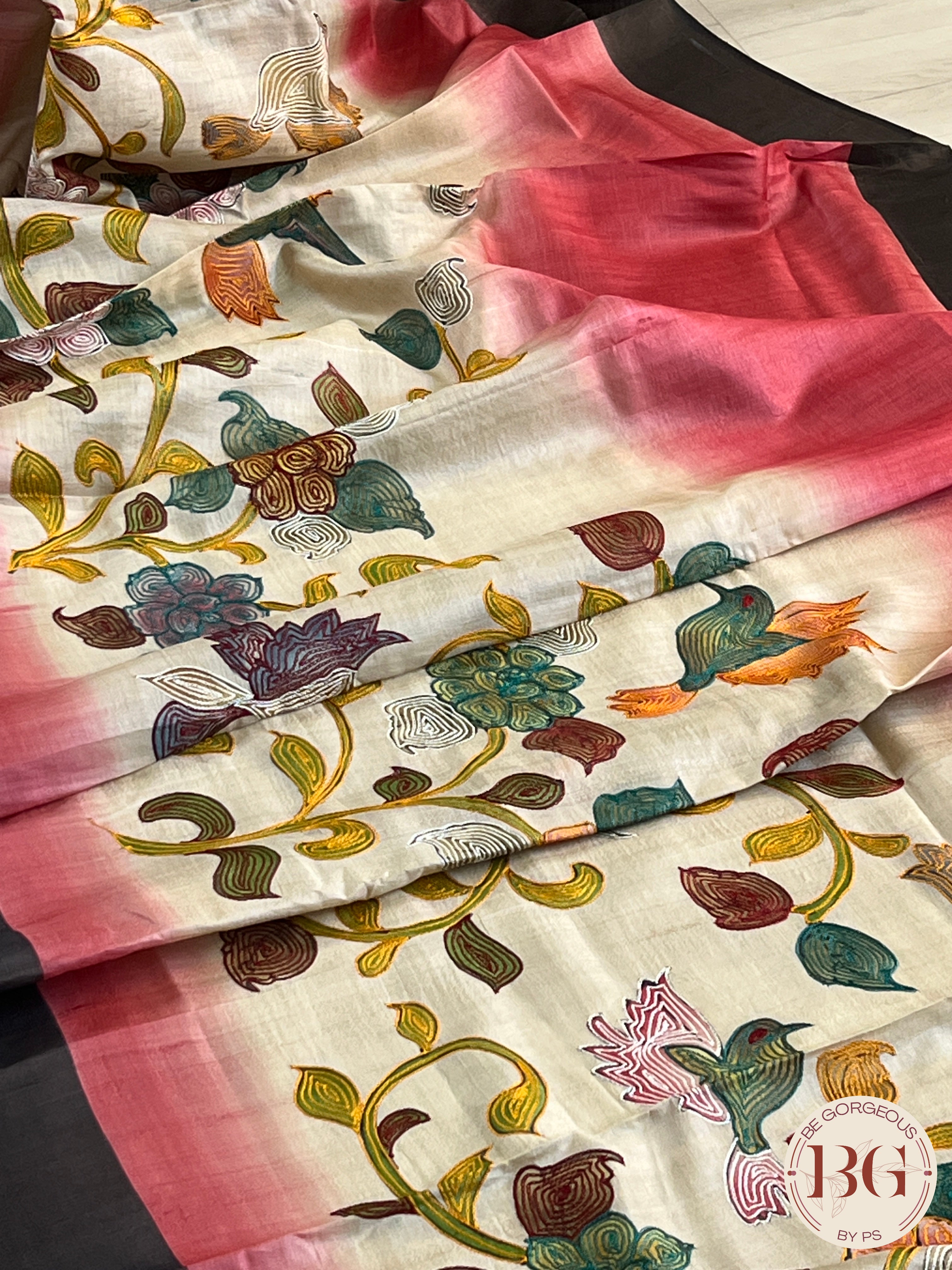 Tussar Katha stitch Saree color - beige pink
