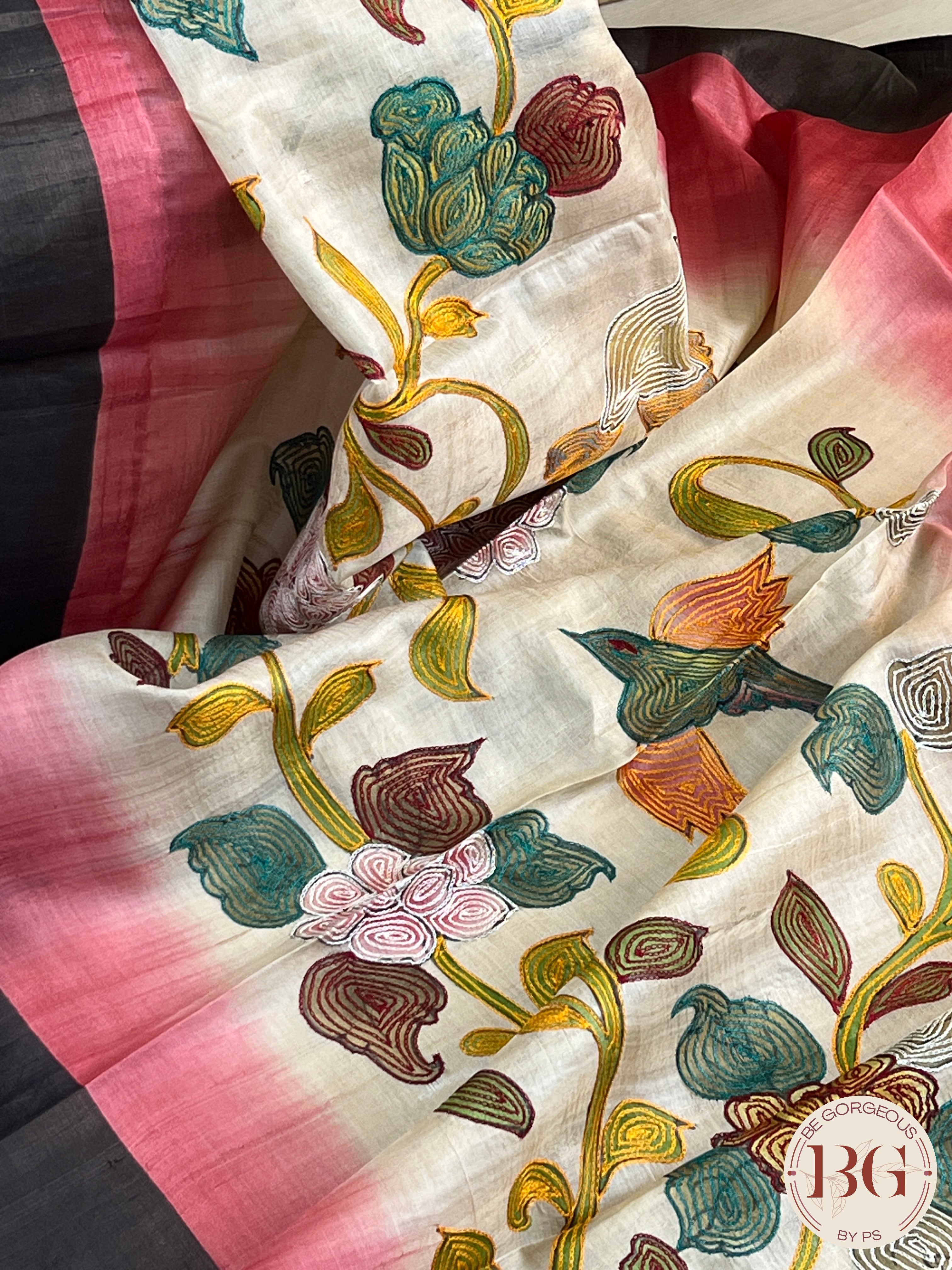Tussar Katha stitch Saree color - beige pink