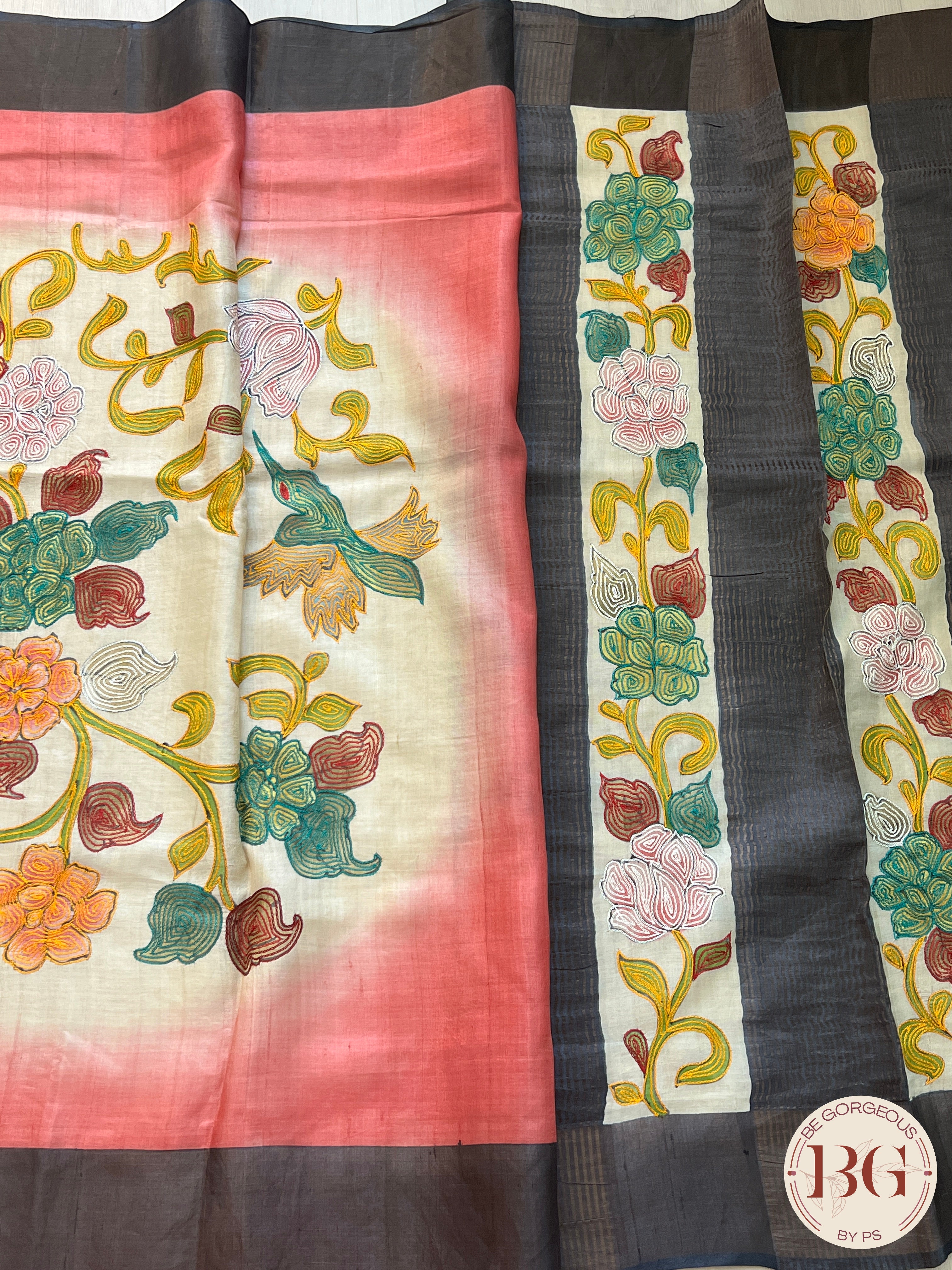 Tussar Katha stitch Saree color - beige pink