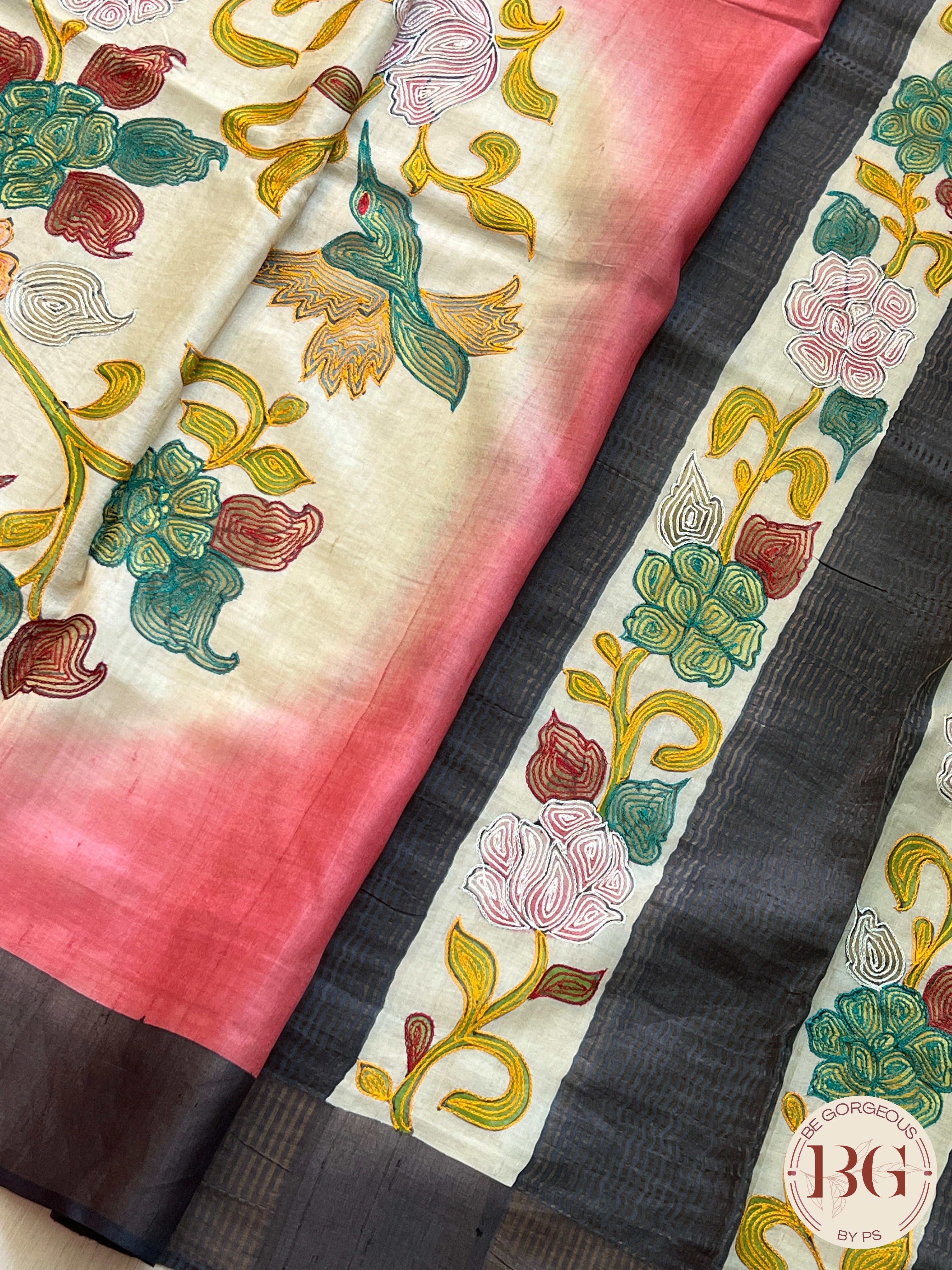 Tussar Katha stitch Saree color - beige pink