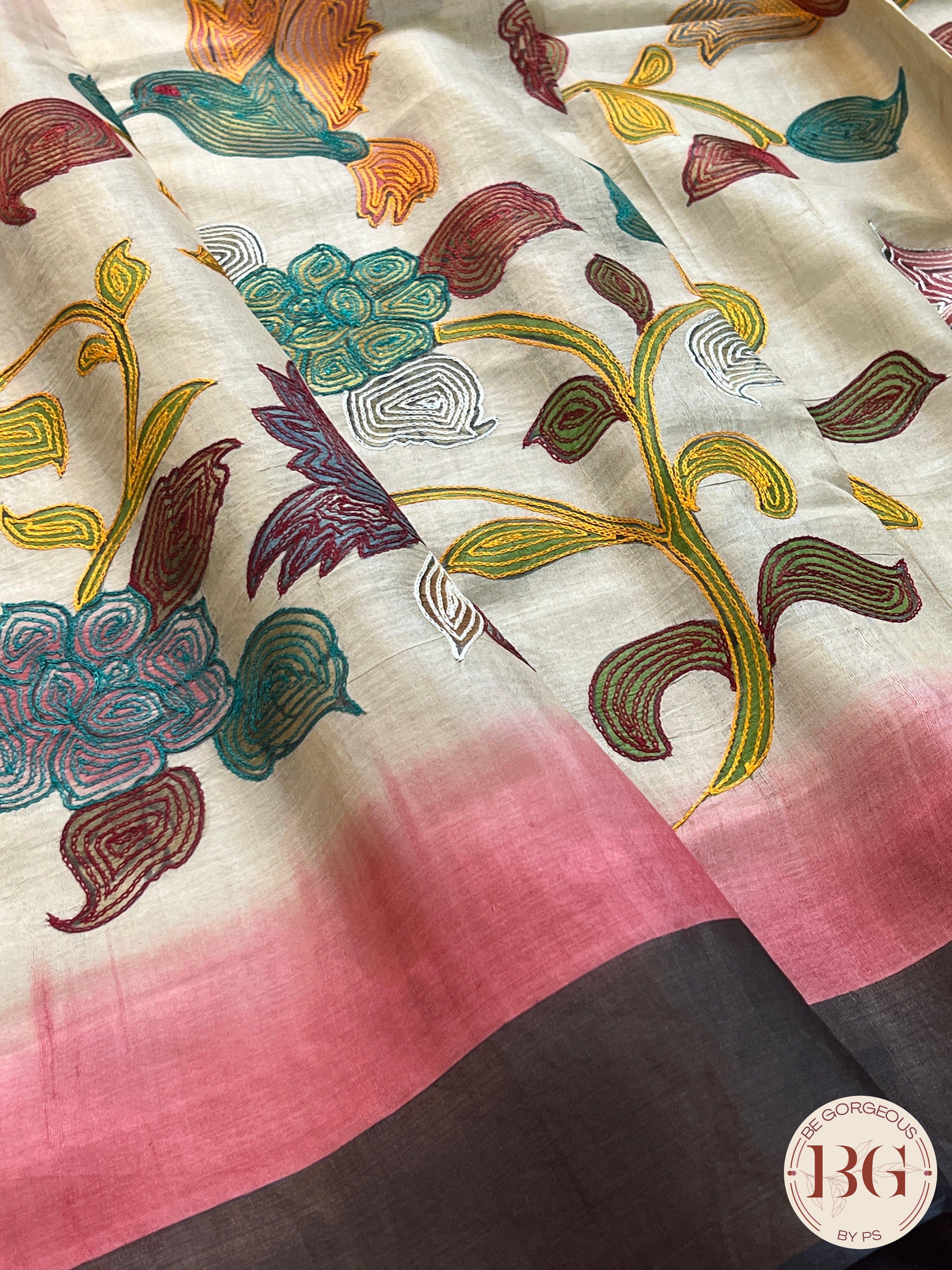 Tussar Katha stitch Saree color - beige pink