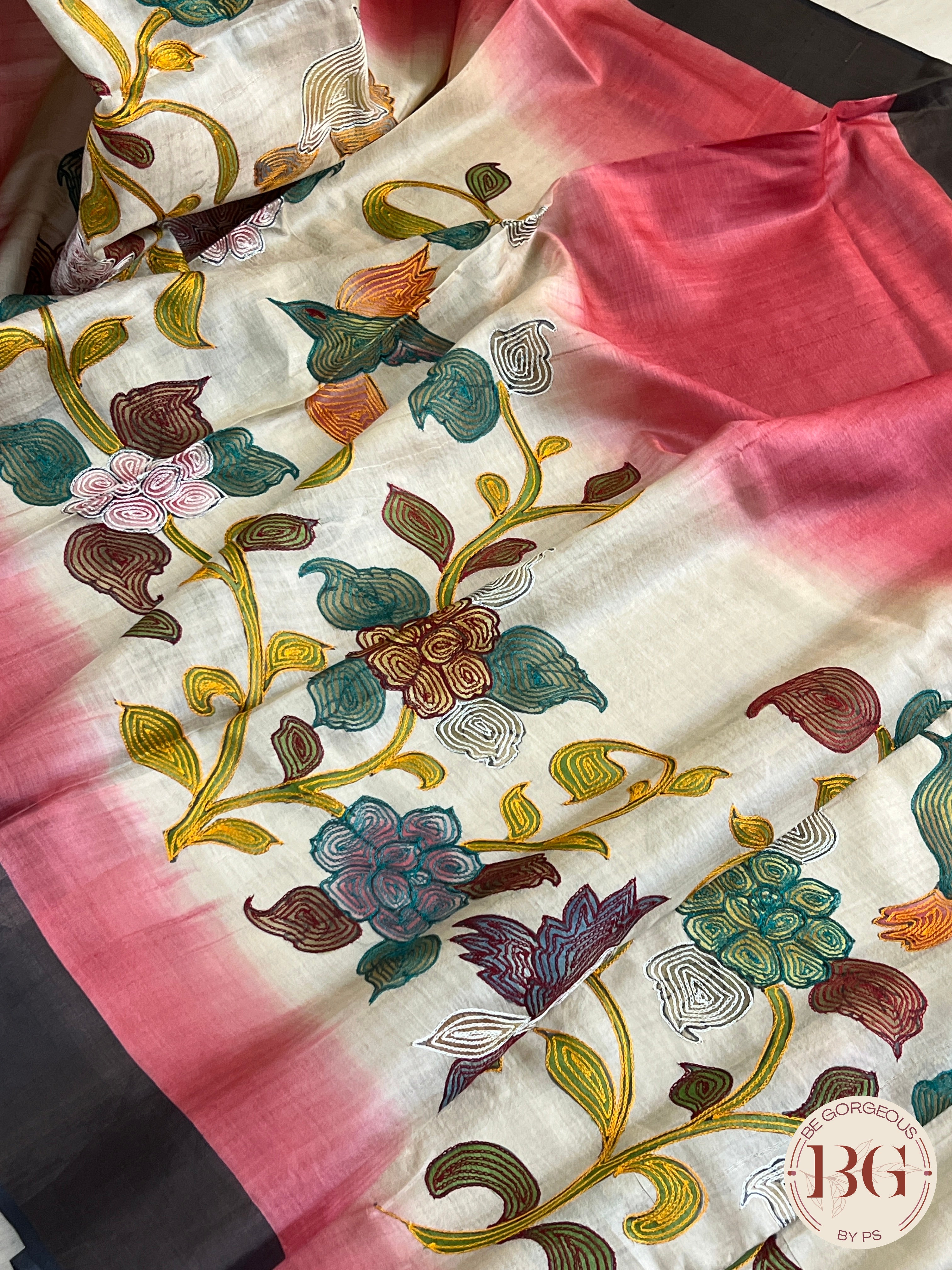 Tussar Katha stitch Saree color - beige pink
