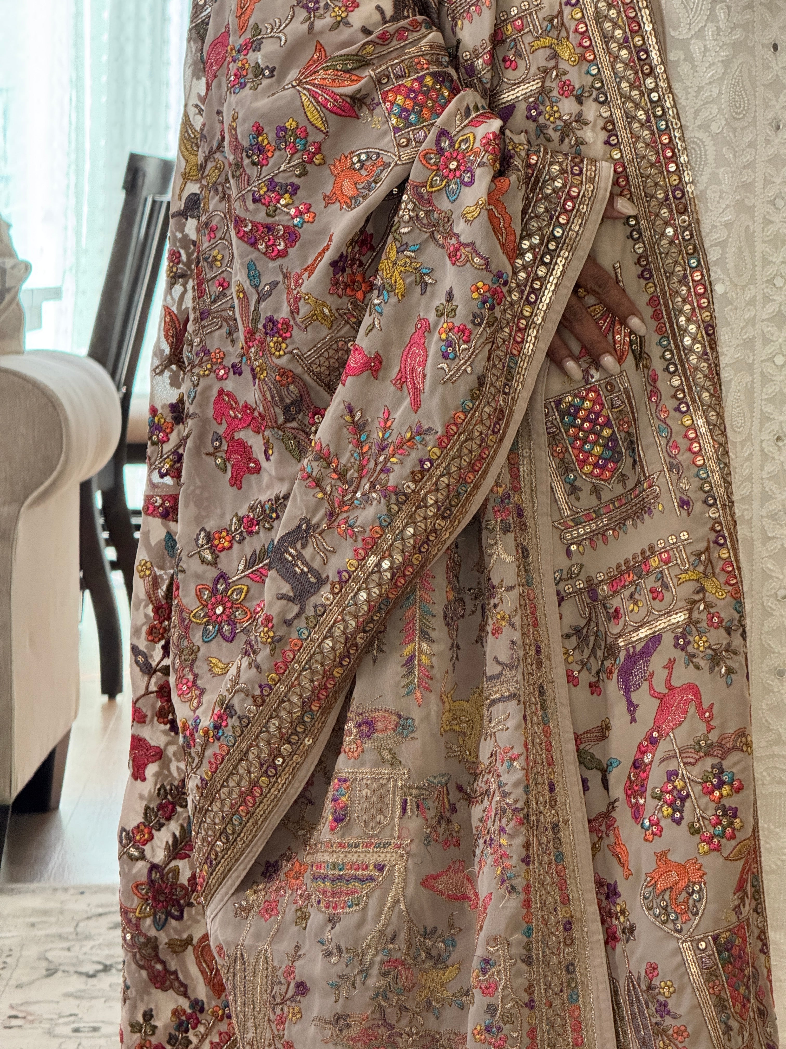 Grey Embroidered Georgette Dupatta with sequin work