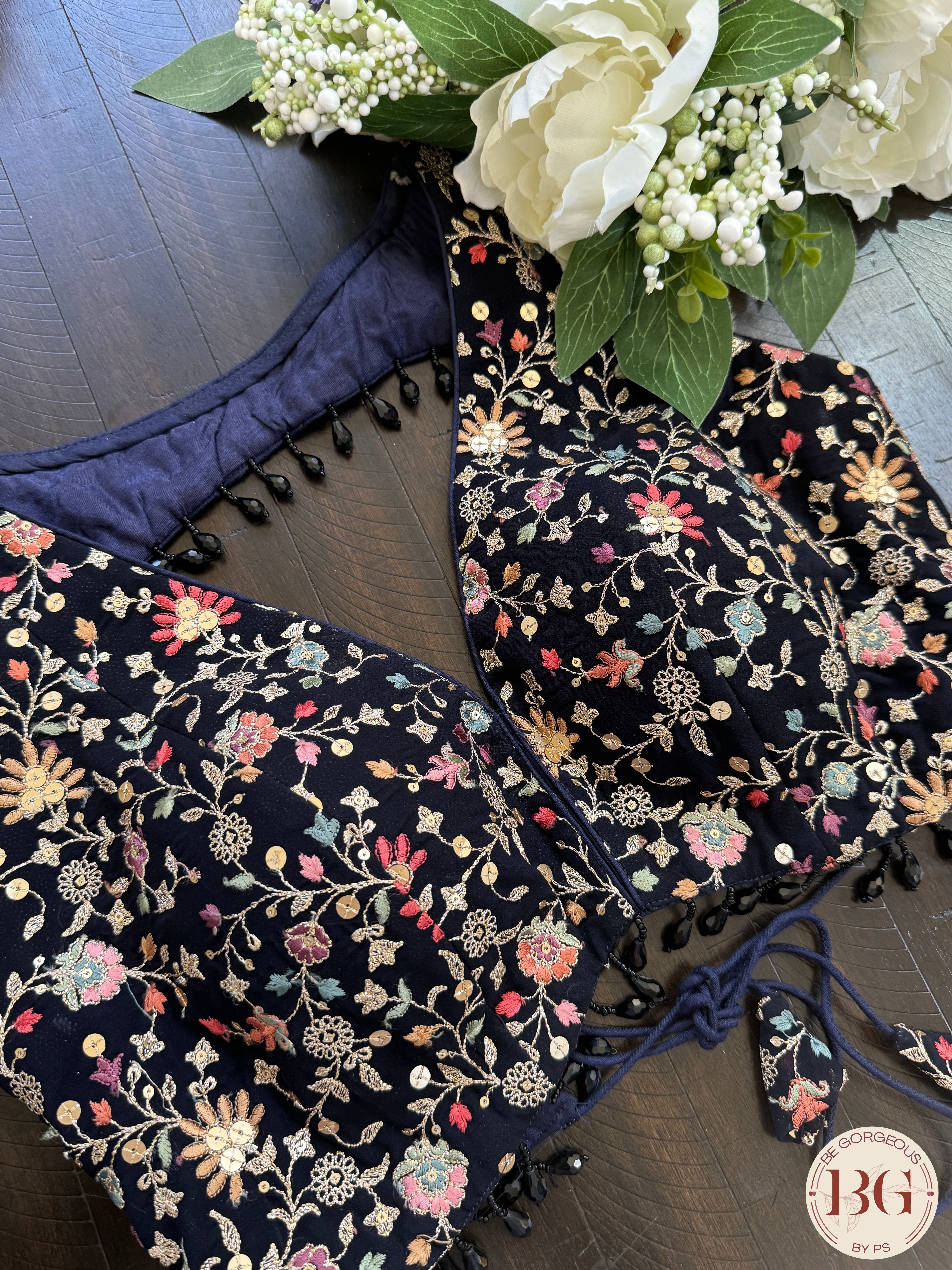 Raw silk readymade blouse with embroidery - navy blue