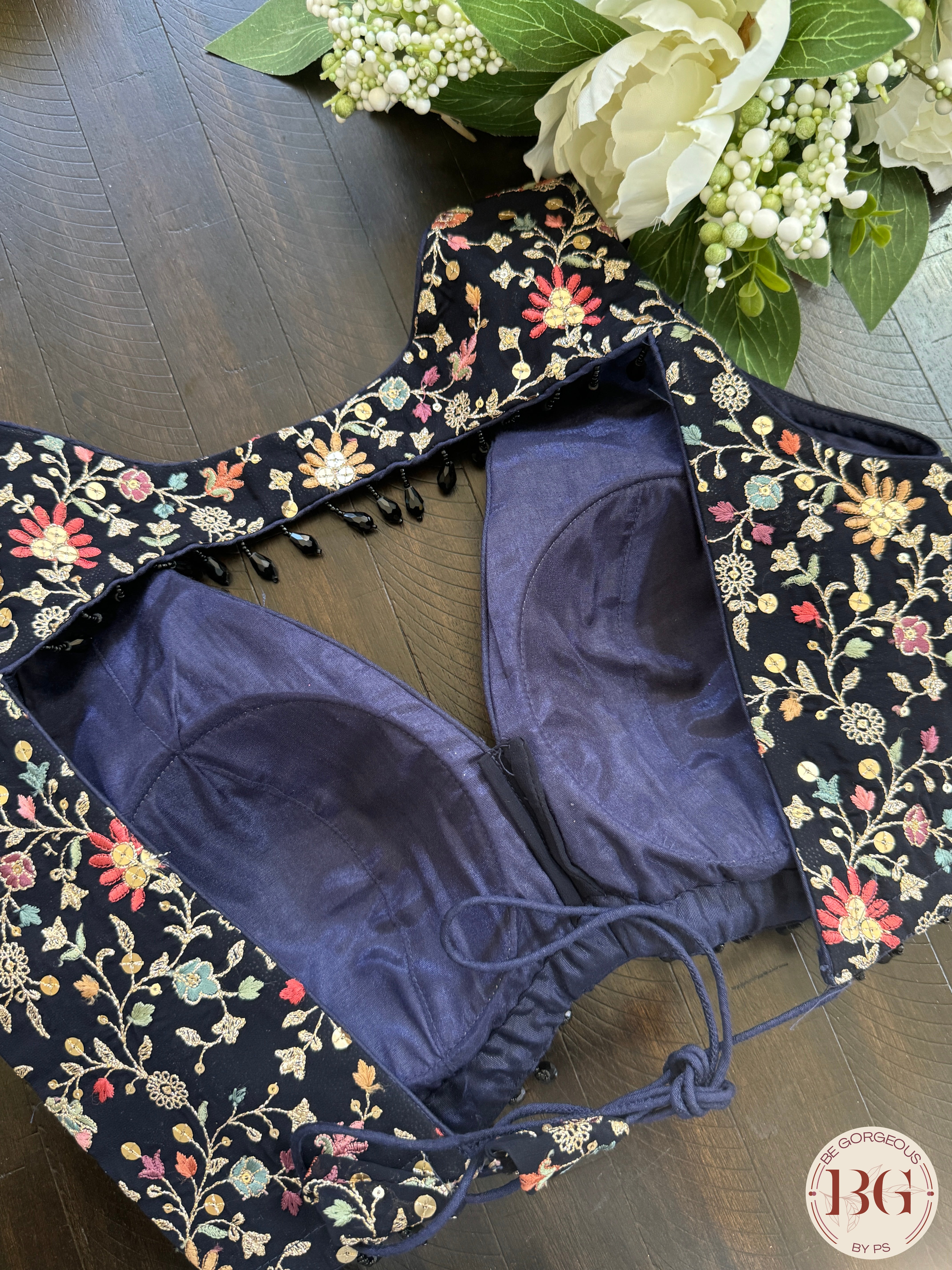 Raw silk readymade blouse with embroidery - navy blue