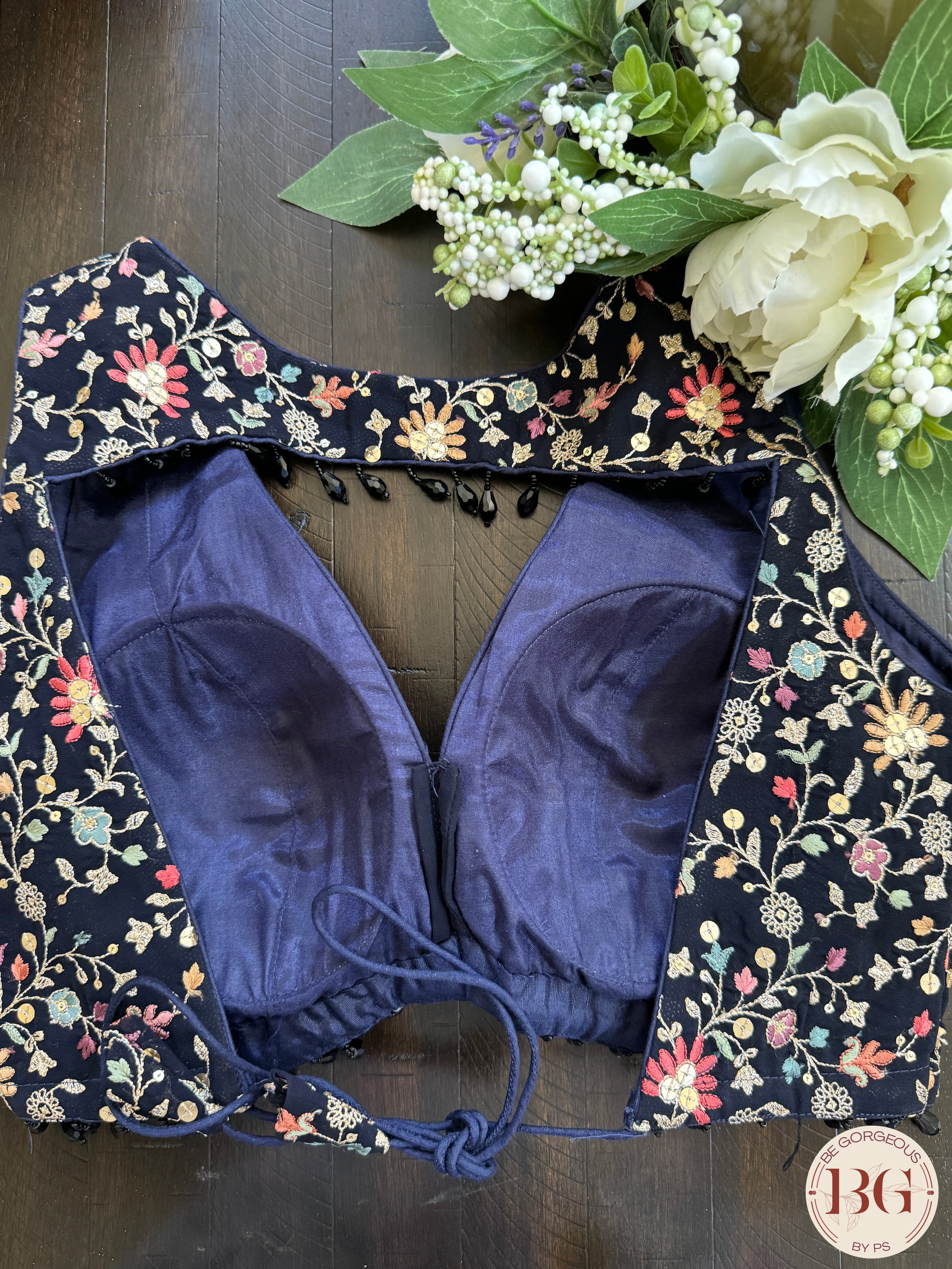Raw silk readymade blouse with embroidery - navy blue