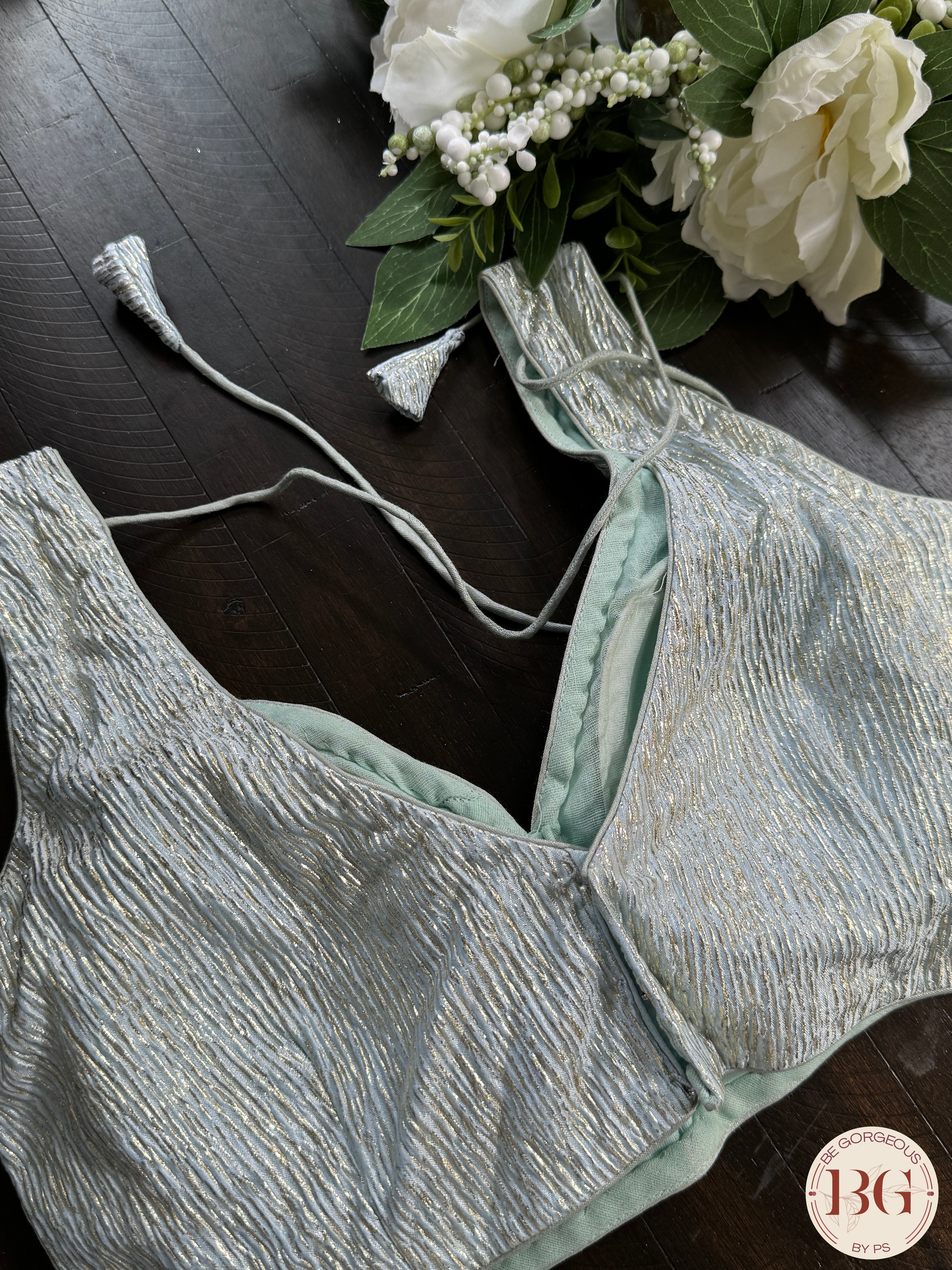 Raw Silk readymade blouse with foil print- Light Blue