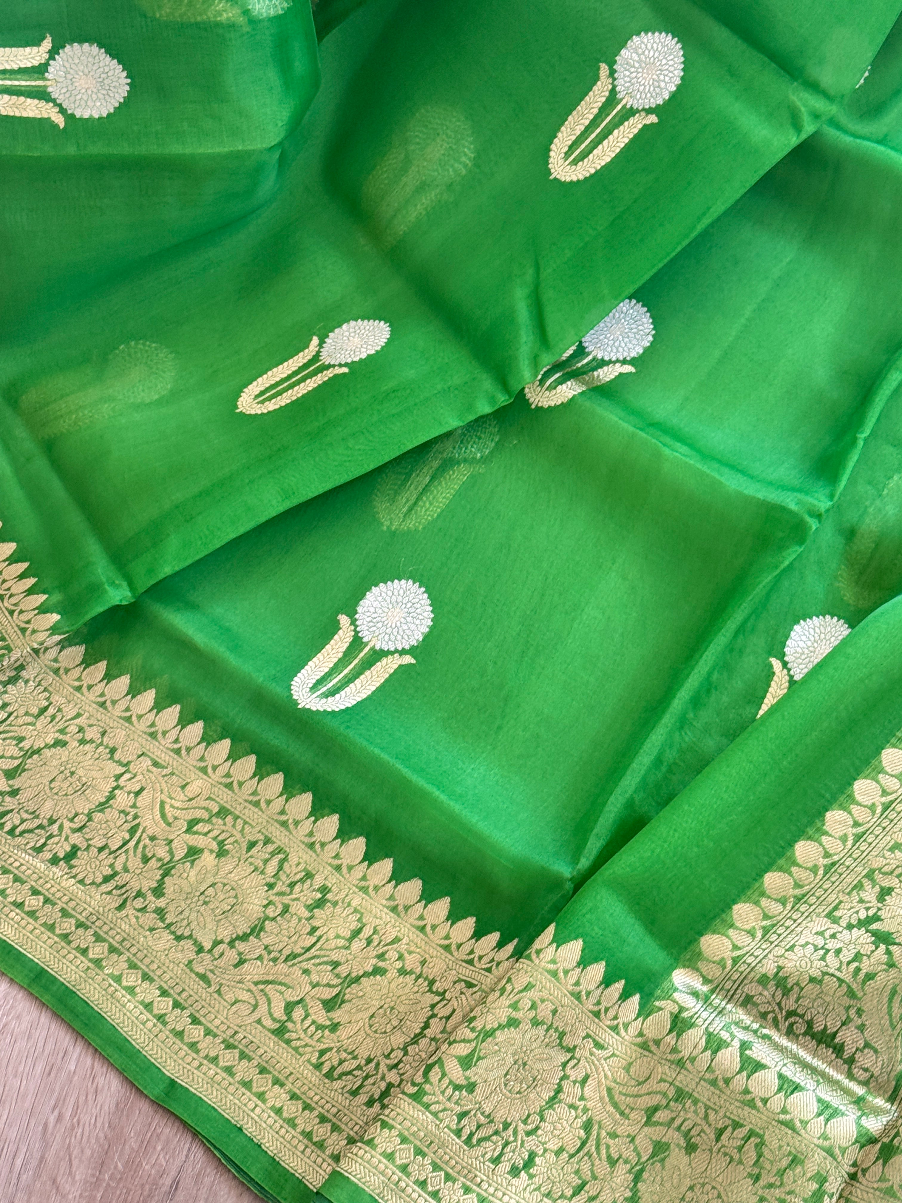 Banarasi Kora Organza Silk Handloom Saree - green
