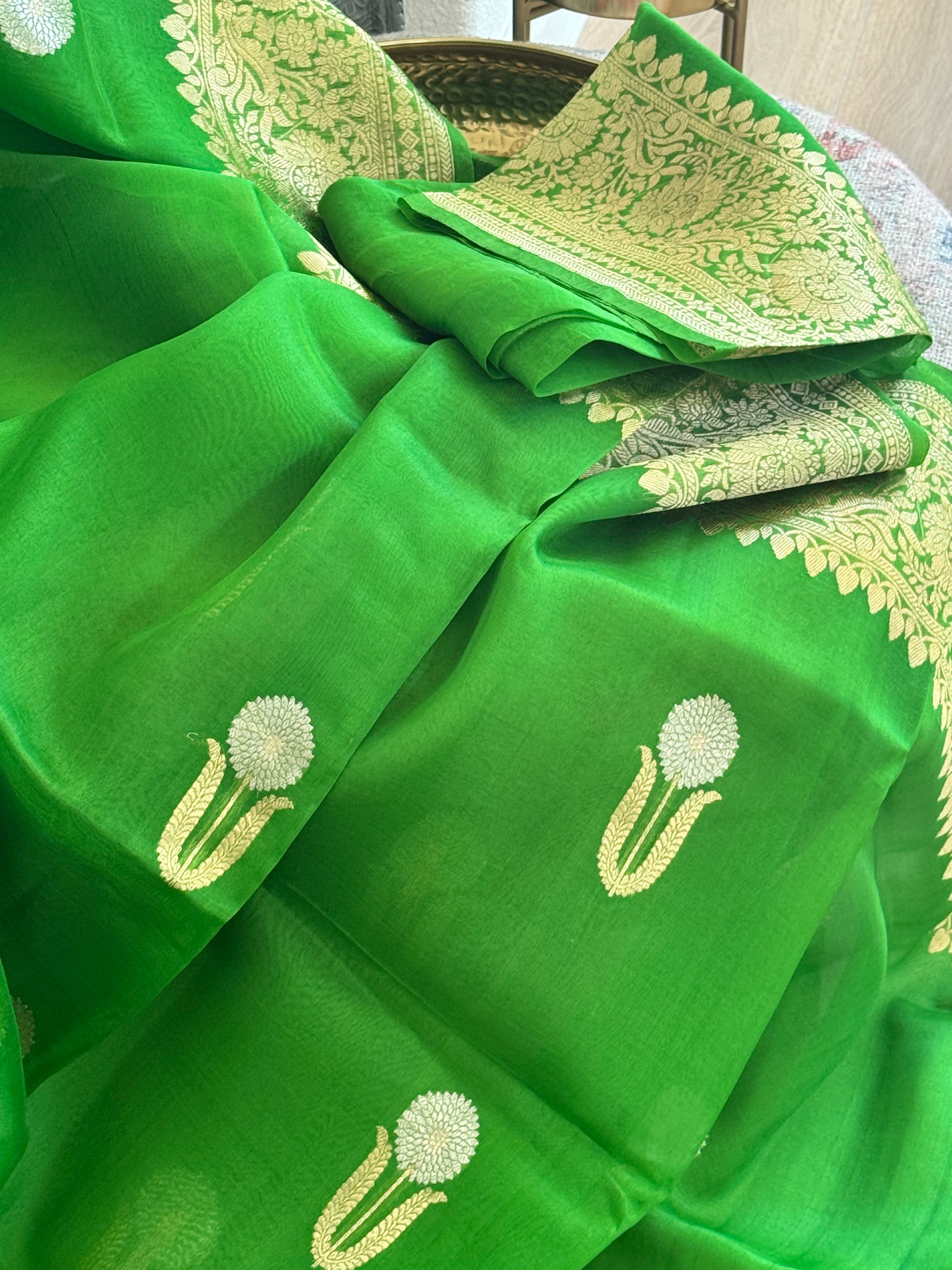 Banarasi Kora Organza Silk Handloom Saree - green