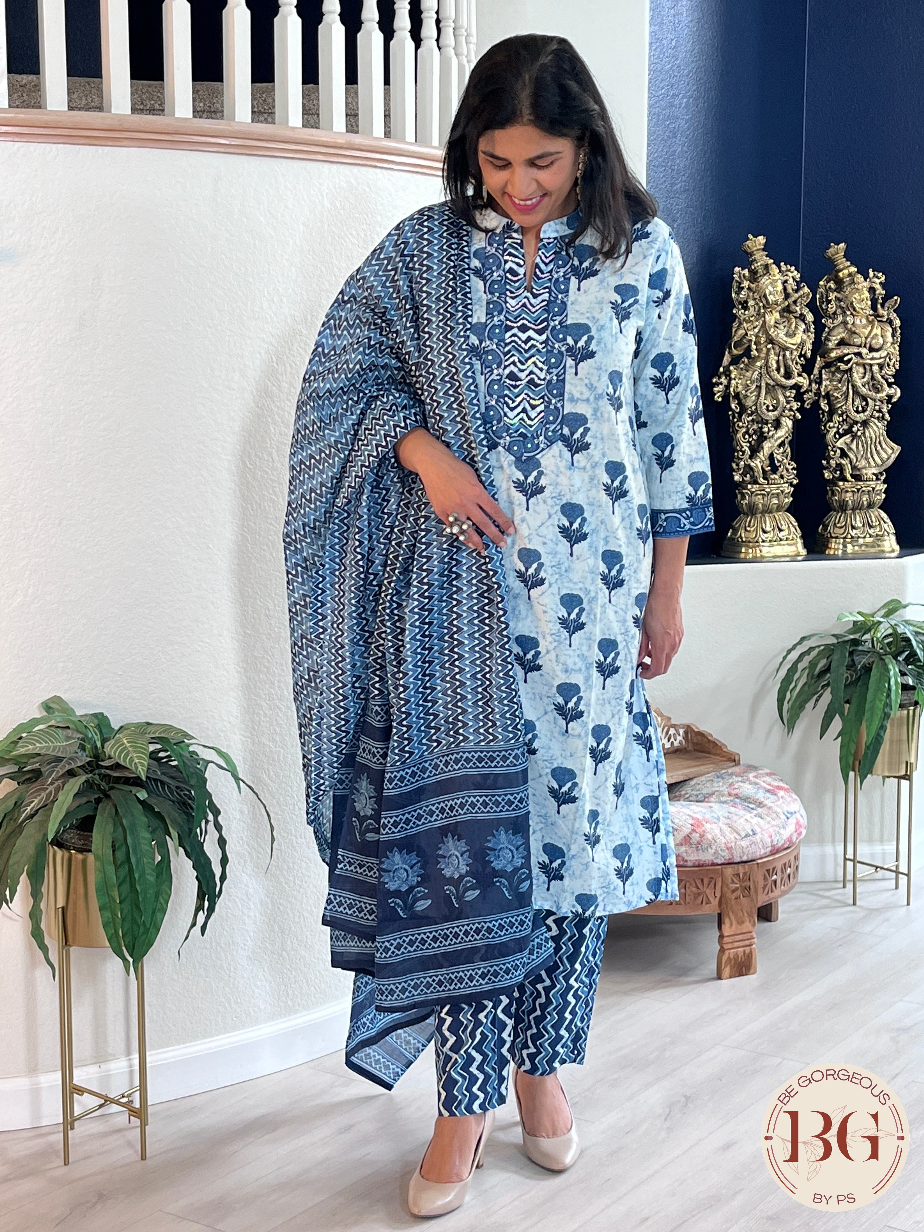 3-piece cotton suit set with indigo print and full size dupatta