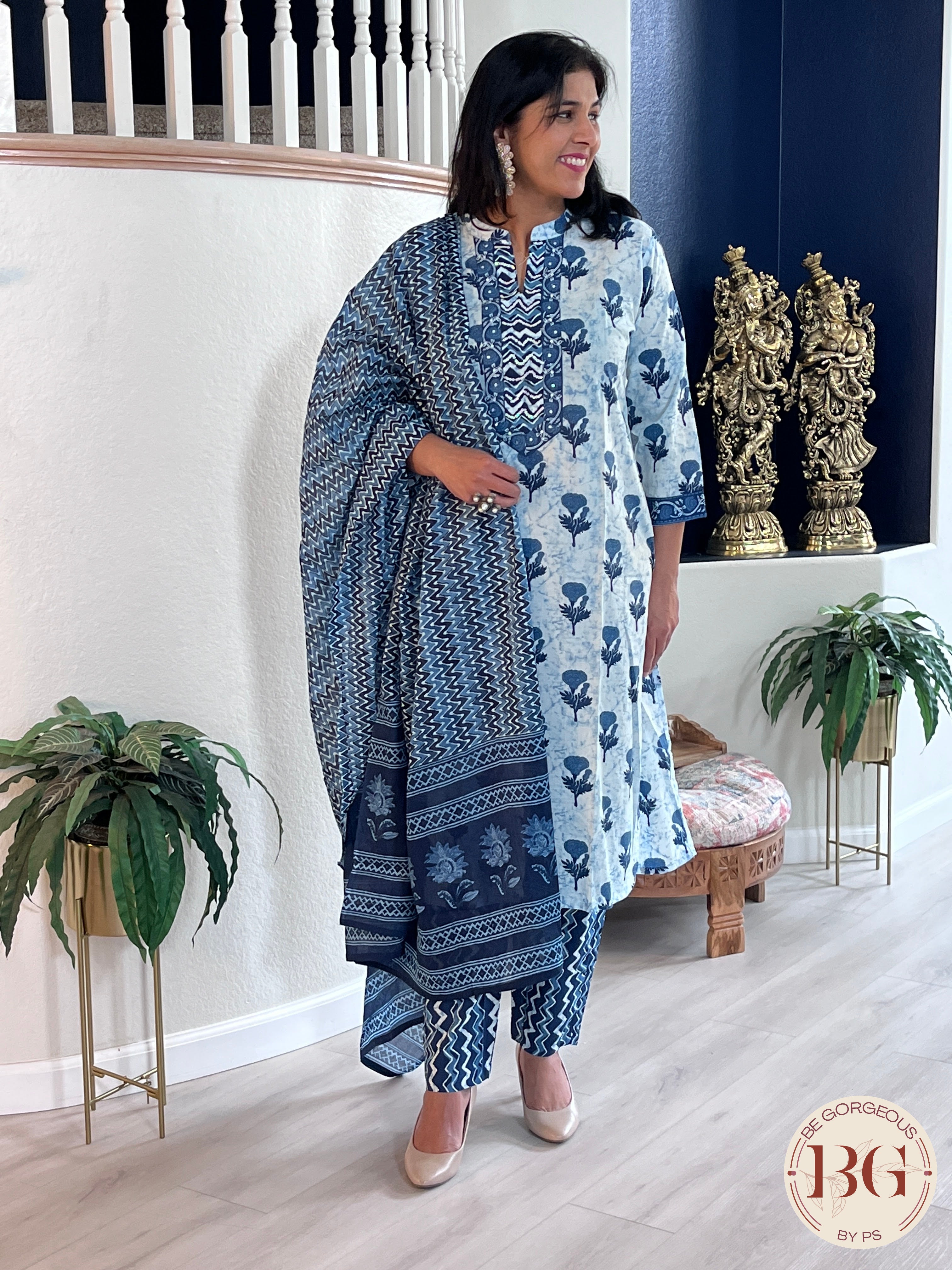 3-piece cotton suit set with indigo print and full size dupatta