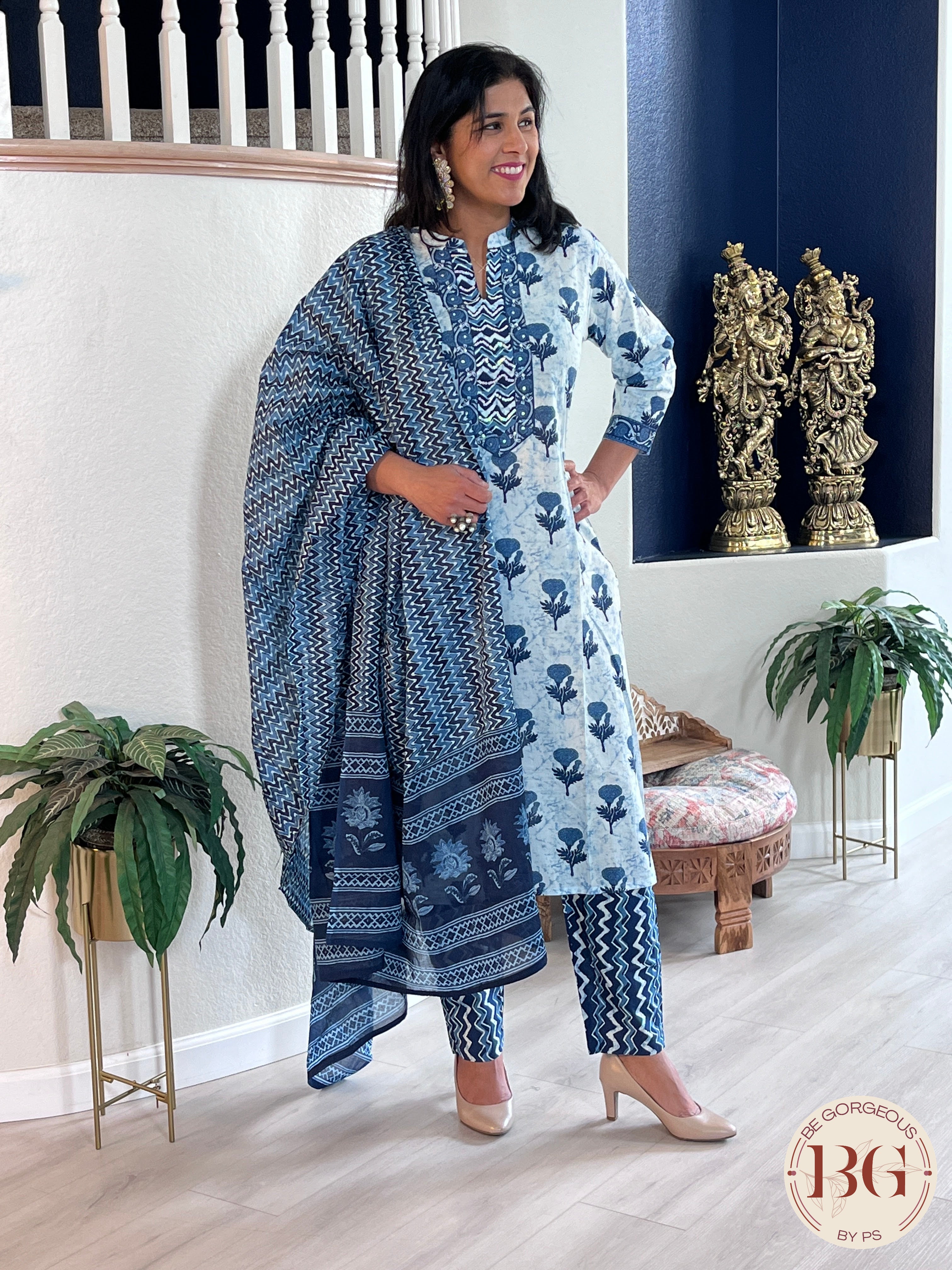 3-piece cotton suit set with indigo print and full size dupatta