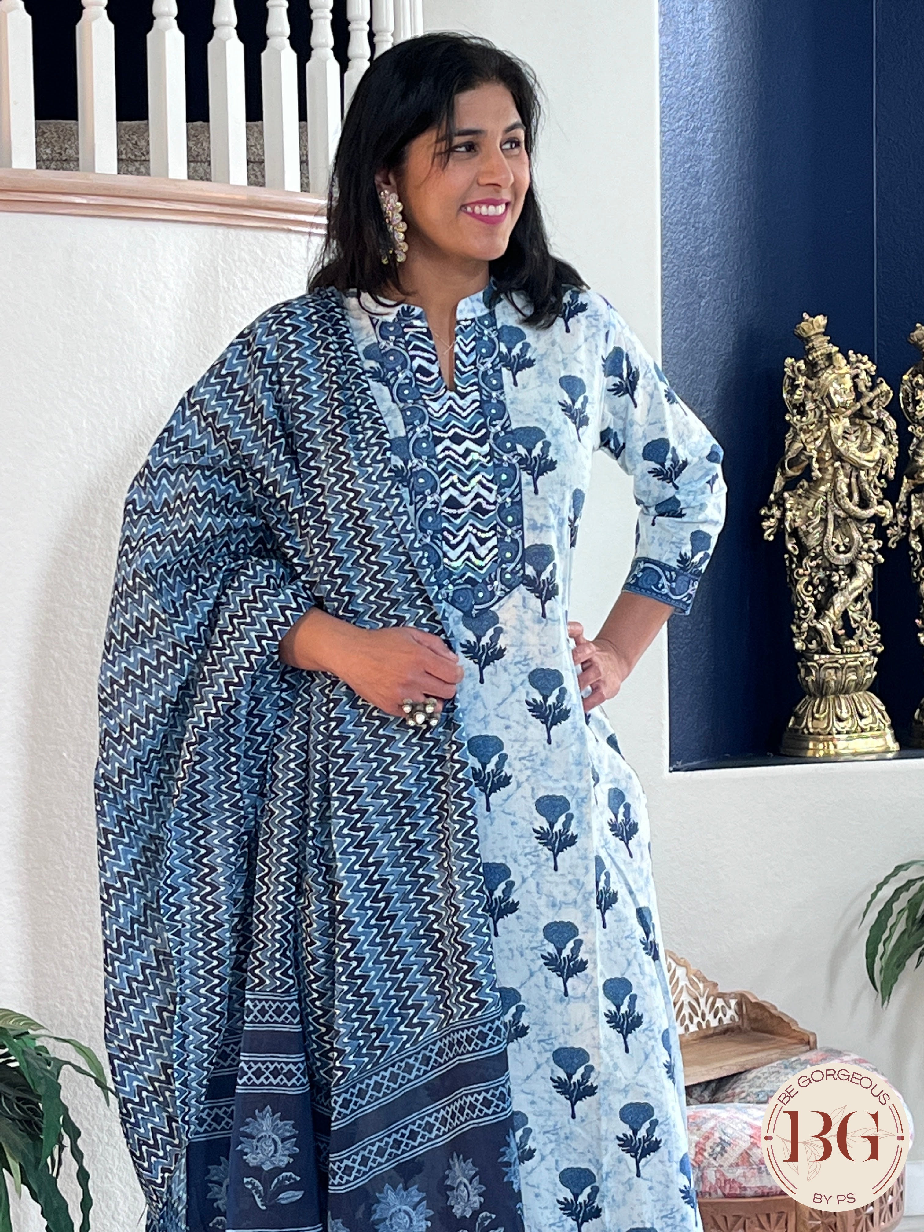 3-piece cotton suit set with indigo print and full size dupatta
