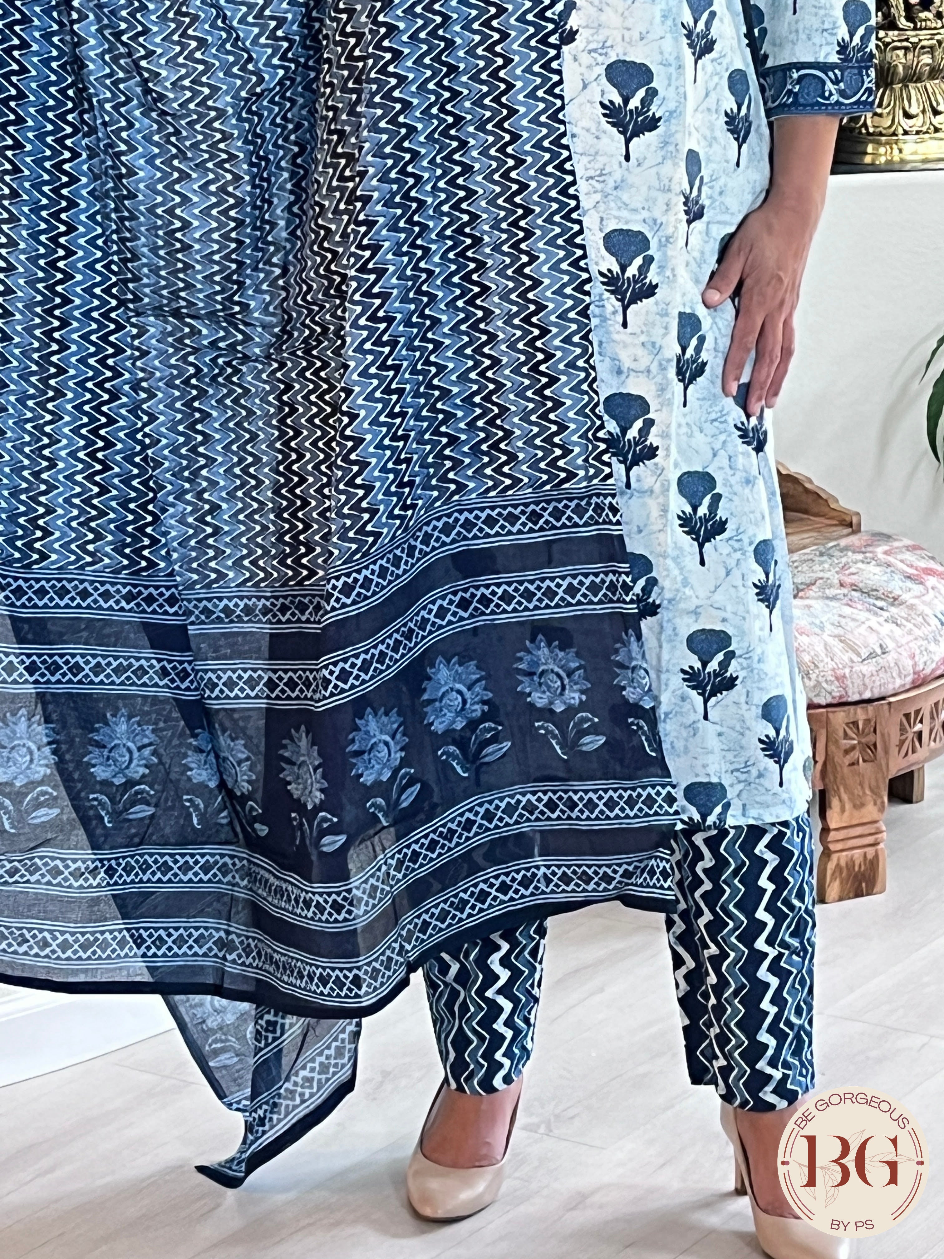3-piece cotton suit set with indigo print and full size dupatta