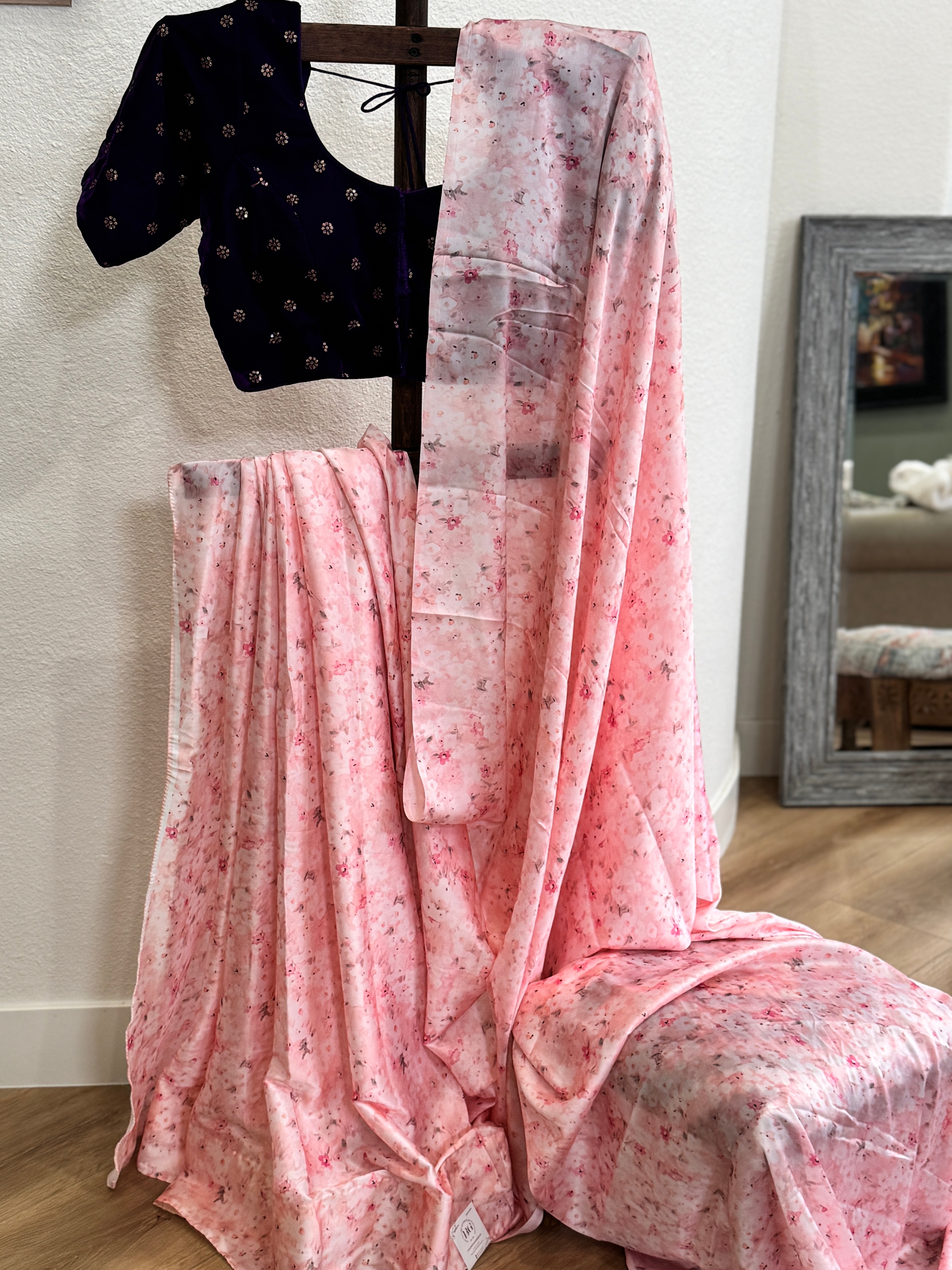 Pink satin printed saree