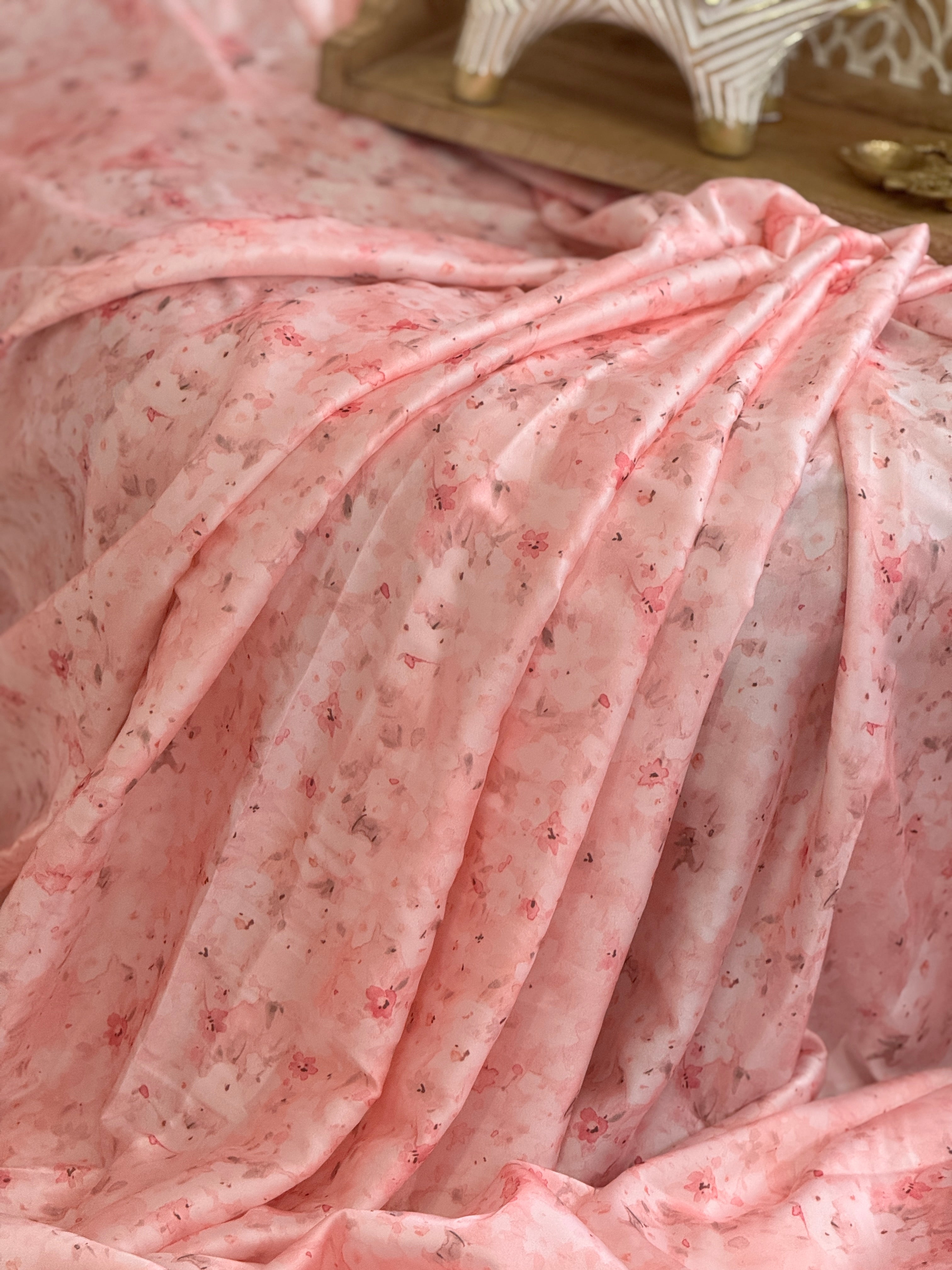 Pink satin printed saree