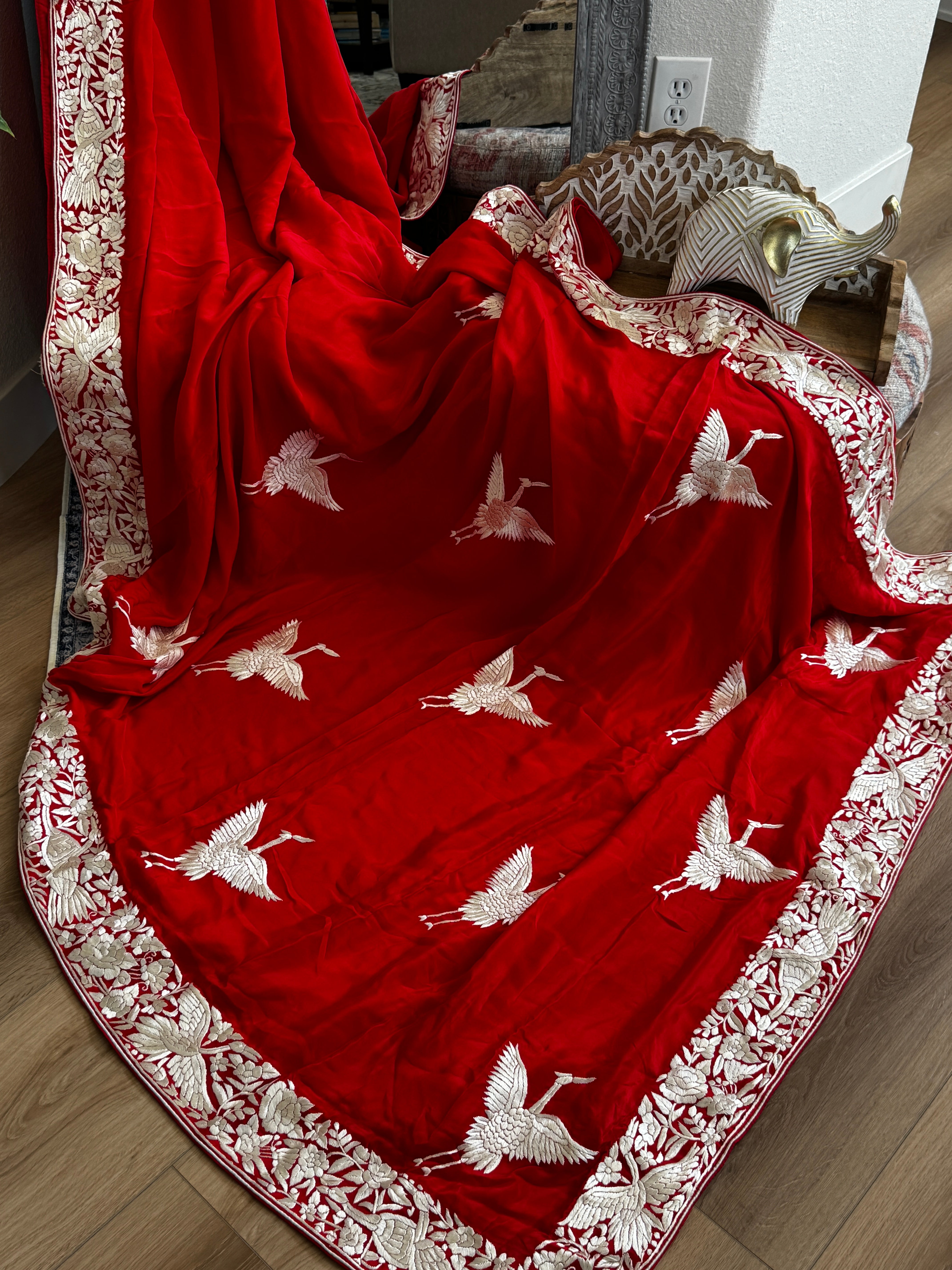 Hand Parsi Gara Embroidery on pure crepe silk - red