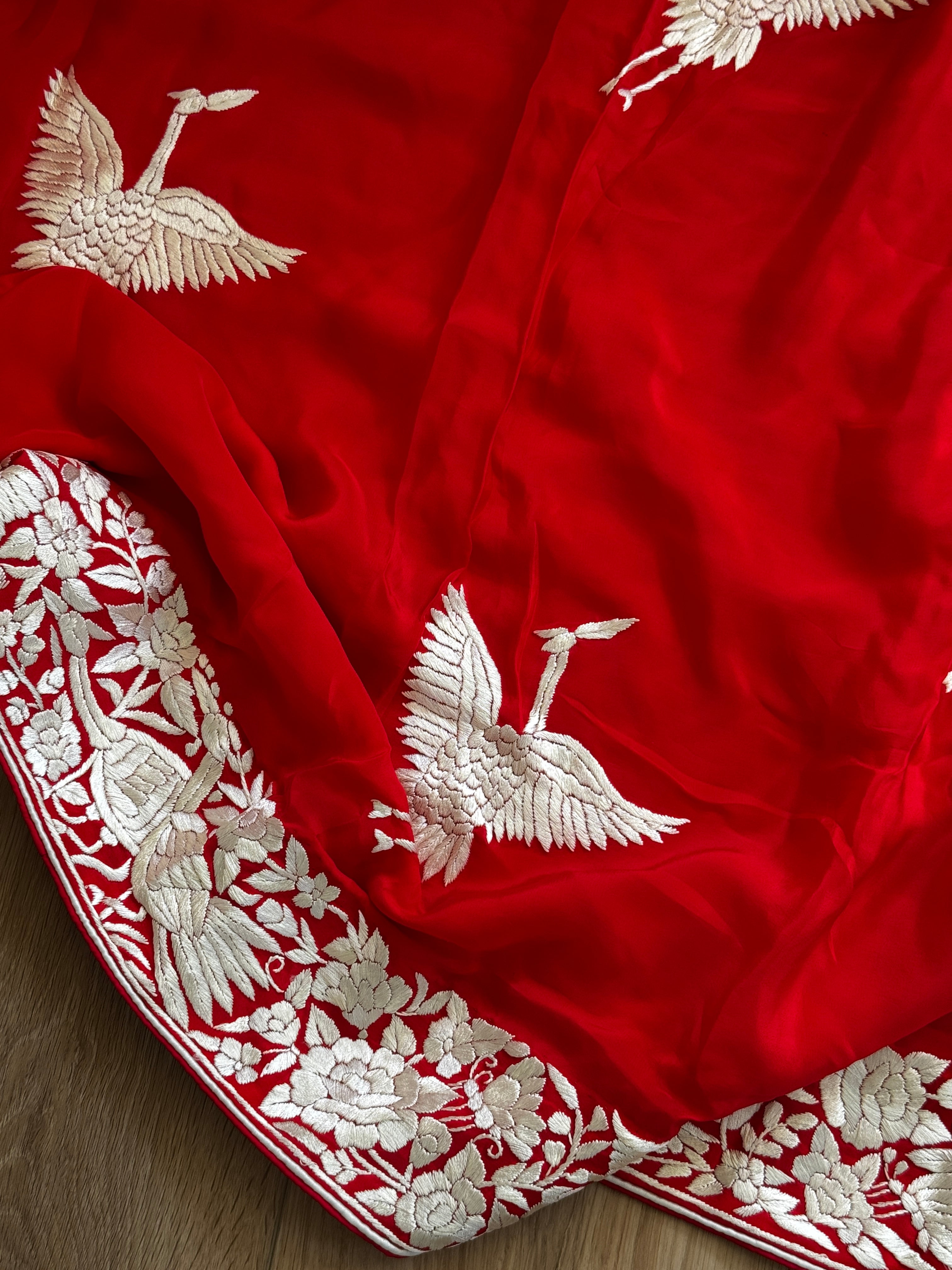 Hand Parsi Gara Embroidery on pure crepe silk - red