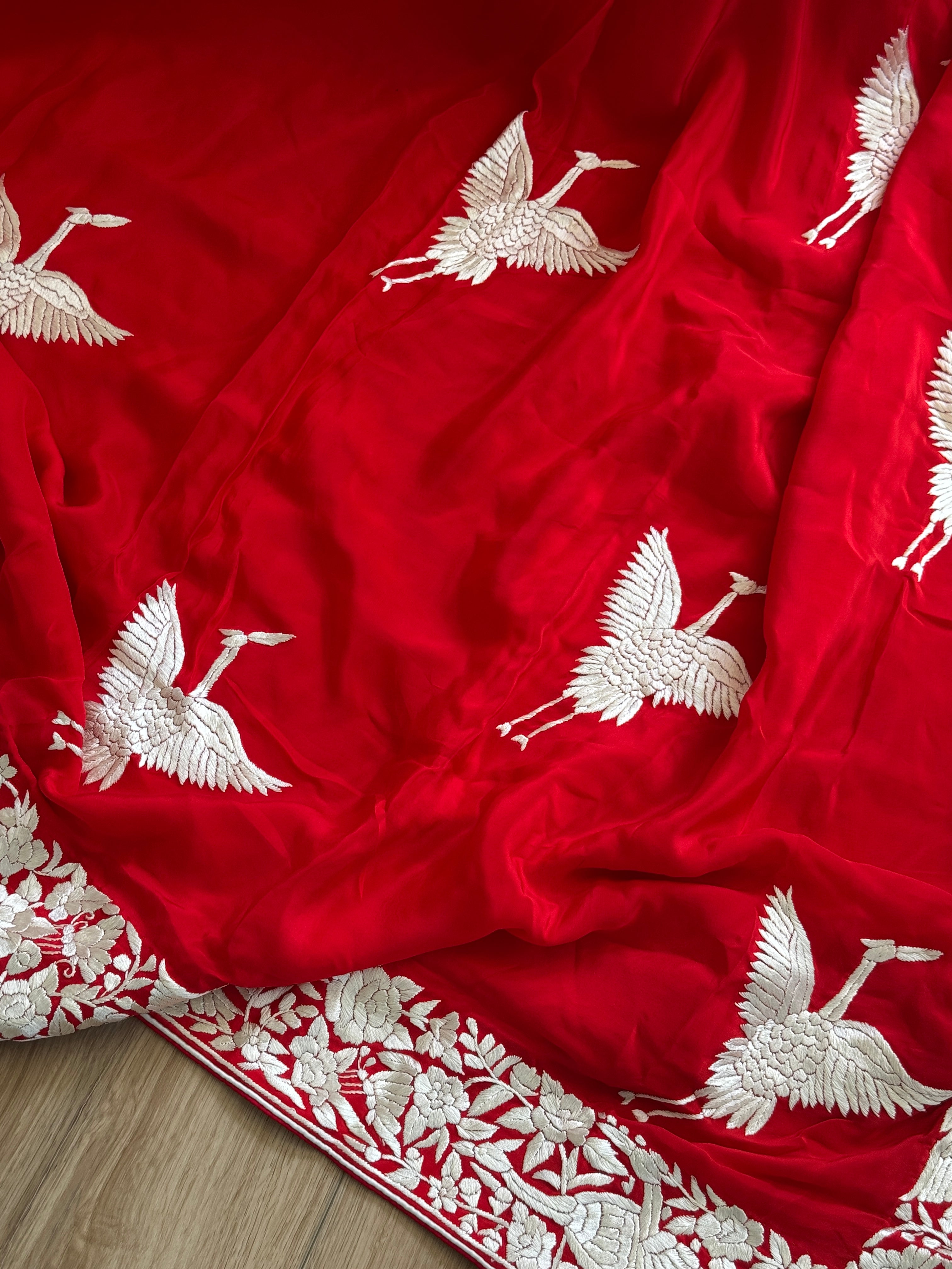 Hand Parsi Gara Embroidery on pure crepe silk - red