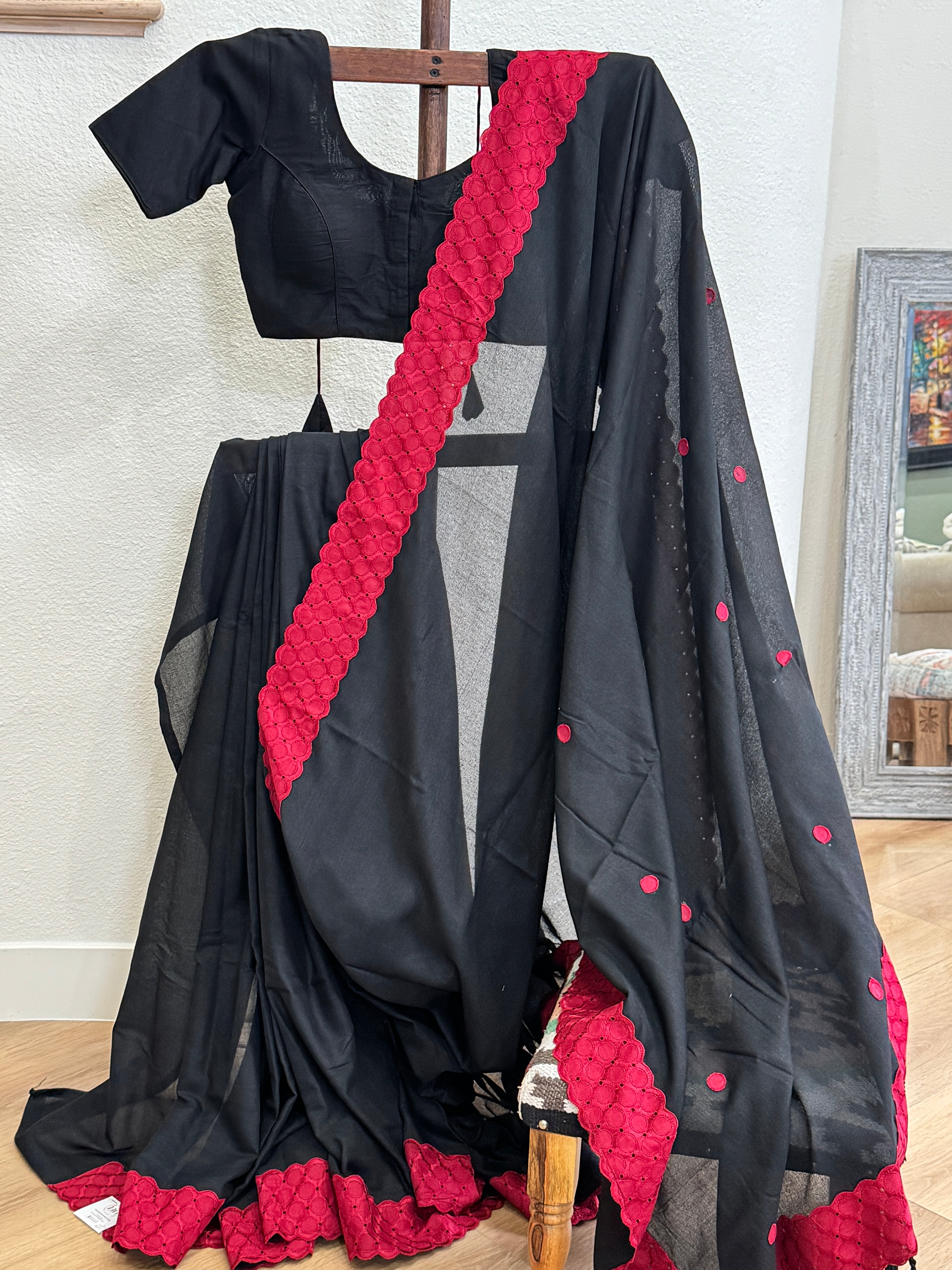 Black cotton with red dots and lace